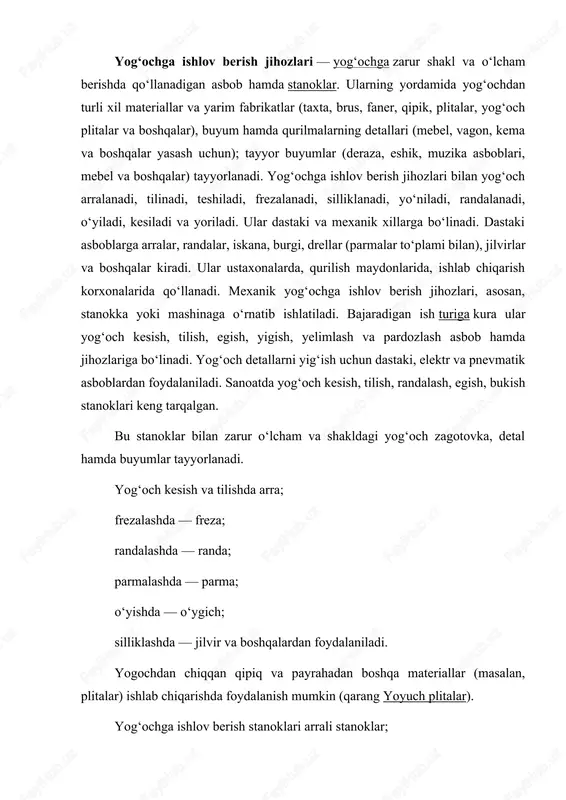 latiladigan parmalash stanogi; fanerlar, gugurt choʻplari, gugurt qutilari va boshqalar tayyorlaydigan yoʻnish stanoklari; yumaloq shaklli detallar tayyorlaydigan tokarlik stanoklari; detallarni silliklash uchun ishlatiladigan jilvirlash stanoklaridan iborat. egish stanoklari changʻilar, mebellar yasash uchun yogʻochni egib beradi. yelimlab yigʻish stanoklariga yelim surkash, shchit yigʻish stanoklari, uzel va buyumlarni yigʻish qurilmalari, pardozlash stanoklari ga boʻyash, qoplama (himoya va bezak) qoplash va jilolash mashinalari kiradi. koʻp qatlamli fanerlar, yogʻoch plitalar, yogʻoch plastinalar yasash uchun yogʻochni zichlashda presslar ishlatiladi (yana qarang: duradgorlik asboblari) yogʻoch — ksilema — suv va unda erigan tuzlarni daraxt ildizidan barg va boshqa organlarga oʻtkazuvchi yogʻochlangan devorli hujayralardan iborat oʻsimlik toʻqimasi. yogʻoch daraxtning poʻstlogʻi ostidagi qattiq qismi. botanika nuqtai nazaridan tabiiy selluloza tolalari birikmalari joylashtirilgan lignin matritsasidan tashkil topgan organik modda. tirik daraxt tanasida yogʻoch tayanch vazifasini oʻtab, tashqi xavf-xatardan (masalan, yiqitilishdan) saqlaydi. shuningdek u tomirdan shox va barglarga suv yetkazib berish vazifasini ham oʻtaydi. yogʻoch massasining 95% ini hujayra qobigʻi …