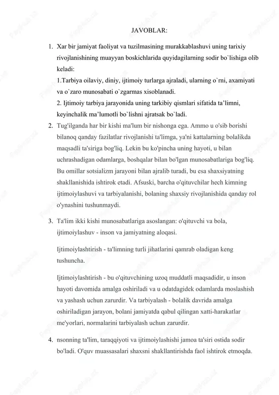 ituvchining uzoq muddatli maqsadidir, u inson hayoti davomida amalga oshiriladi va u odatdagidek odamlarda moslashish va yashash uchun zarurdir. va tarbiyalash - bolalik davrida amalga oshiriladigan jarayon, bolani jamiyatda qabul qilingan xatti-harakatlar me'yorlari, normalarini tarbiyalash uchun zarurdir. 4. nsonning ta'lim, taraqqiyoti va ijtimoiylashishi jamoa ta'siri ostida sodir bo'ladi. o'quv muassasalari shaxsni shakllantirishda faol ishtirok etmoqda. ular axloqiy ob'yektlarni shakllantirishda, ijtimoiy ahamiyatga ega rollarni rivojlantirishda va bolaligidan o'zini anglash imkoniyatini berishda yordam beradi. shuning uchun maktabni tarbiyalash va ijtimoiylashtirish dasturi juda muhimdir. o'qituvchilarning vazifasi nafaqat bolalarga ma'lum bilimlarni berish, balki jamiyatda moslashishga yordam berishdir. shu maqsadda o'quv fanidan tashqari darsliklar tizimi ishlab chiqilmoqda, xodimlar bilan ishlash, o'qituvchilarning oila va boshqa ijtimoiy guruhlar bilan o'zaro ta'siri. 5“tarbiya” so‘zining ma’nolari ko‘p bo‘lsa-da, milliy an’analardan kelib chiqsak, tasavvurda avvalo uning “axloqiy” sifati uyg‘onadi. boisi, ota-bobolarimiz bola axloq-odobini tarbiyaning boshqa turlariga nisbatan ustun qo‘yishgan. o‘zbek tilining izohli lug‘atida tarbiya so‘zi arabcha so‘z bo‘lib, “rivojlantirish, parvarish …
