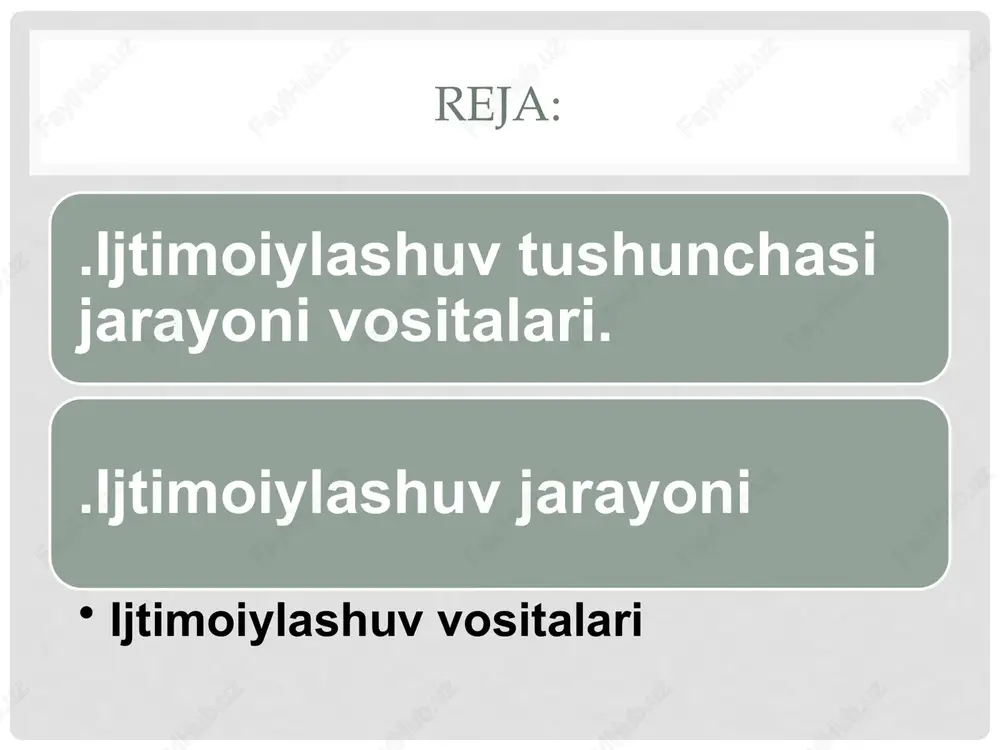 ish uchun turli usul va vositalarni qidira boshlaydi va buning natijasida uning individuallashuvi ro‘y beradi. shaxsning faqat o‘ziga tegishli bo‘lgan ijtimoiy ahamiyatga ega xislatlari individual tarzda namoyon bo‘ladi, uning ijtimoiy yurish-turishi takrorlanmas jihatlarga ega bo‘ladi. 6 bolaning ijtimoiy rivojlanishi o‘zaro bog‘liq ikki yo‘nalishda olib boriladi: ijtimoiylashuv ( ijtimoiy madaniy tajriba madaniyatni o‘zlashtirish) va individuallashuv (mustaqillik, nisbiy o‘ziga xoslikni qo‘lga kiritish). shu tarzda ijtimoiylashuv tushunchasi zamonaviy fanda moslashuv va individuallashuv jarayonlari bilan bog‘liq ijtimoiylashuv jarayonining mazmuni tashkil etadi. inson(bola)ning aniq bir jamiyat sharoitlariga moslashuvi sub’ekt va ijtimoiy muhitning o‘zaro faol yaqinlashuv jarayoni va natijasidir. (j.pia je, r.mertoj). ijtimoiy moslashuv esa ijtimoiy muhit talablariga insonning munosabat bildirishidir. shunday qilib, ijtimoiylashuv (moslashuv) individning ijtimoiy mavjudodga aylanish jarayoni va natijasidir. indivuallashuv insonning hali yoshligidayoq paydo bo‘ladigan ob’ektiv ehtiyojlari bilan bog‘liq jamiyatdagi o‘z-o‘zini egallashidir. bu ehtiyoj: a) o‘z qarashlariga ega bo‘lish; b) o‘ziga xosliklariga ega bo‘lish; v) unga tegishli bo‘lgan masalalarni hal qilish, uning o‘z …