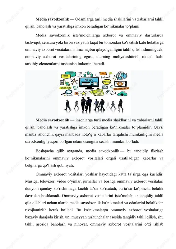 o tashkiloti tomonidan xxi asrda media taʼlimni targʻib qilish madaniy-maʼrifiy rivojlanishning ustuvor yoʻnalishi sifatida eʼtirof etildi hamda aynan shu yoʻl bilan media savodxonlikni oshirish mumkinligi takidlandi.unesco odamlarning tanqidiy fikrlash va toʻgʻri qaror qabul qilish darajasini yaxshilash uchun ommaviy axborot vositalari va media savodxonlikni rivojlantirishni qoʻllab-quvvatlaydi. tashkilot, ayniqsa, siyosatchilar, oʻqituvchilar, ommaviy axborot vositalari mutaxassislari, yoshlar tashkilotlari va ushbu sohadagi nochor aholi qatlamlarining salohiyatini oshirishga intiladi, aʼzo davlatlarga milliy ommaviy axborot vositalari va axborot savodxonligi siyosati va strategiyalarini shakllantirishda yordam beradi. media savodxonlikni oʻrganadigan eng qadimgi tashkilot bu national telemedia council (milliy telemedia kengashi) viskonsin shtatining madison shahrida joylashgan va marieli rou 50 yildan ortiq rahbarlik qilgan. tashkilot dastlab „telemedium“ deb nomlanuvchi media savodxonlik jurnalini nashr ettirgan. dunyoning turli mamlakatlarida media savodxonlik boʻyicha dasturlar ishlab chiqilgan. hozir ushbu dasturlarni davlatlar kesimida koʻrib chiqamiz. aqshda media savodxonlikni oshirish boʻyicha bir-nechta federal agentliklar tomonidan dasturlar ishlab chiqilgan. masalan, aqsh federal savdo komissiyasi tomonidan ishlab …
