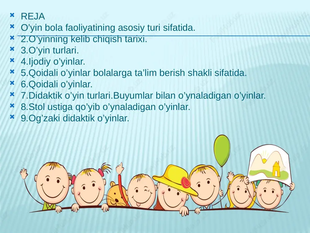 sifatlarni namoyon qilishga intiladi. ular o‘yinga juda berilib ketsalar, bajarayotgan rollariga xos sifatlar shunchalik samimiy, ijodiy tarzda namoyon bo‘ladi. bolalar uchun o‘yin mazmunining hech bir chegarasi yo‘q. maktabgacha yoshdagi bolalar kattalar hayotini hamma tomonlarini o‘z o‘yinlarida aks ettira oladilar. o‘yinning ahamiyati bola shaxsining o‘sib kamolotga etishiga ta’sir ko‘rsatishdin iboratdir. go`dakning bir yoshgacha davrdagi psixologik xususiyatlarini o`rganish bo`yicha qator tadqiqotlar mavjud. n.l.figurin, m.p.denisova, m.yu.kistyakovskaya, a.vallon, d.b.elkonin, e.a.arkin, s.fayans, sh.byuler, f.i.fradkinalarning asarlari aloqida aqamiyatga molikdir. s.fayans tajribasida go`dakka chiroyli va jozibador o`yinchoqlar 9 sm masofadan ko`rsatilganda u butun vujudi bilan ularga intilgan, keyinchalik oraliq 60 sm bo`lganida bolaning intilishi, qo`l cho`zishi, sustlashgan, cho`zilishi, itiyorsiz qarakati mutlaqo so`ngan. olimaning fikricha 3- oydan 6 oylikkacha bolada katta yoshdagi odamlar bilan tanlab munosabatda bo`lishi vujudga keladi. uch oylik go`dak begonalar orasidagi tuqqan onasini ajrata olsa, yarim yoshdan boshlab esa begonalar ichidagi qarindoshlarini qam farqlay boshlaydi. m.yu.kistayakovskaya ma'lumotiga ko`ra, 5-6 oylikda u muomala qilayotgan notanish shaxsga …