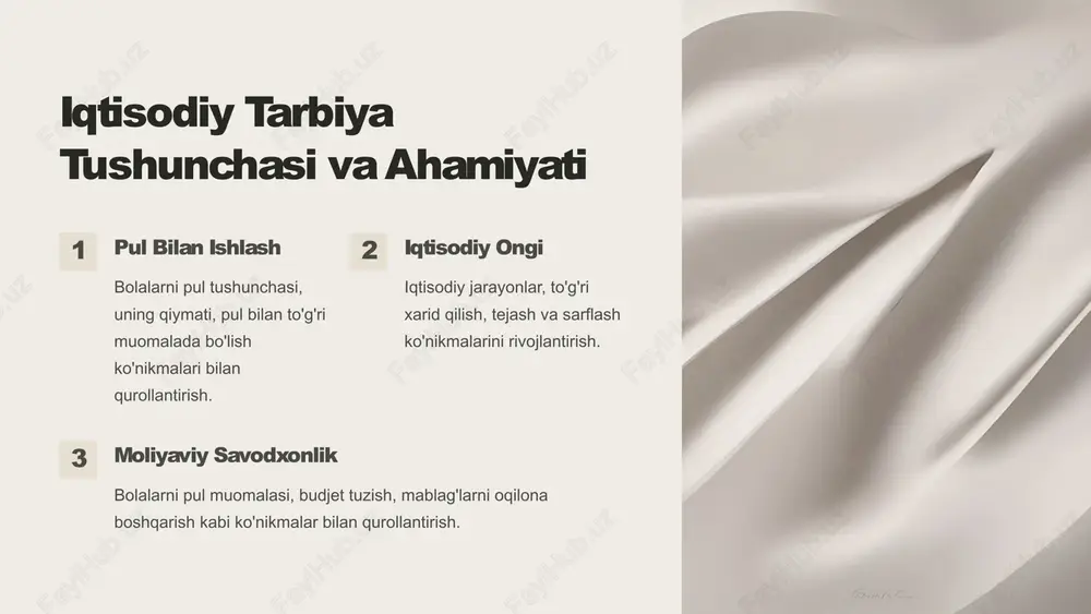 anishda loyihalar yordamida jalb etish, mustaqil fikrlash ko'nikmalarini rivojlantiradi. amaliy mashg'ulotlar pul, xarid, tejash kabi mavzularda amaliy mashg'ulotlar o'tkazish bolalarning iqtisodiy bilim va ko'nikmalarini mustahkamlaydi. interaktiv ta'lim iqtisodiy tushunchalarni o'rgatish jarayonida interaktiv ta'lim usullaridan foydalanish samarali bo'ladi. 5 maktabgasha yoshdagi bolalarni iqtisodiy tarbiyalash jarayoniga oila va jamiyatning roli 1 oila oila bolalarning asosiy iqtisodiy tushunchalar va ko'nikmalar bilan tanishish joyi. ota-onalar farzandlariga pul bilan muomalada bo'lish, xarid qilish, tejash kabi odatlarni singdirib boradilar. 2 jamiyat bolalarni iqtisodiy tarbiyalashda jamiyatdagi barcha institutlar - maktabgacha ta'lim tashkilotlari, maktablar, oav, mahalla va boshqalar ham faol ishtirok etadi. 6 maktabgasha talim tashkilotlarida iqtisodiy tarbiya berish imkoniyatlari maxsus darslar iqtisodiy tarbiya mavzularini alohida darslar sifatida o'tkazish samarali bo'ladi. guruhlarda ish bolalarni kichik guruhlar shaklida birgalikda faoliyat ko'rsatishga jalb etish iqtisodiy ko'nikmalarini shakllantiradi. loyihalar bolalarning fikrlash, tahlil qilish, mustaqil qaror qabul qilish ko'nikmalarini rivojlantirish uchun loyihalar juda foydali. ekskursiyalar bolalarni banklarning, do'konlarning, bozorlar va boshqa iqtisodiy …