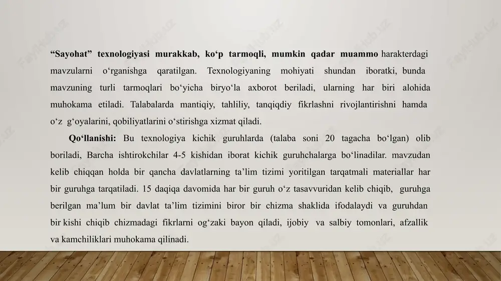 shunchalar tahlili metodining o‘tkazish bosqichlari metodning maqsadi: mazkur metod biror tushuncha, yoki mavzu bo‘yicha o‘rganilgan axborotlar tizimini solishtirish, mustaqil munosabatni shakllantirishga imkoniyat yaratish maqsadida qo‘llaniladi. bunda ta’lim oluvchi shaxsidagi: mustaqil va ijodiy fikrlash, berilgan tushunchalarni izohlash, muloqotchanlik va taxlil qilish, jamoada ishlash ko‘nikmalari, o‘z-o‘zini nazorat qilish va baholash kabi sifatlar rivojlantiriladi. metodni amalga oshirish tartibi: 1. o‘qituvchi ta’lim oluvchilarni trening o‘tkazishga qo‘yilgan talablar va bajarilishi zarur bo‘lgan topshiriq shartlari bilan tanishtiradi; 2. tarqatmalar (ilovadagi) ta’lim oluvchilarga beriladi va taklif etilgan sxema asosida qatnashchilar tushunchaga yoki muammoga nisbatan o‘zining mustaqil fikrini bildiradi; 3. bildirilgan fikrlar kerakli ustunchalarga yoziladi; 4. belgilangan vaqt (10-15 daqiqa) yakuniga etgach, barcha ta’lim oluvchilarning tafsilotlari yordamida prezentatsiya tashkil etiladi; 5. barcha ta’lim oluvchilar yakuniy xulosalari o‘qib eshittirilganidan so‘ng, o‘qituvchita’lim oluvchilar ishini baholaydi va qo‘shimcha to‘ldirishlarni kiritadi. kutiladigan natija: o‘quvchilar mavzu yuzasidan zaruriy bilimlarni o‘zlashtiradi, mustahkamlaydi, mavzuning mohiyati haqida aniq tasavvurga ega bo‘ladi va shaxsiy munosabati shakllanadi. tushunchalar …