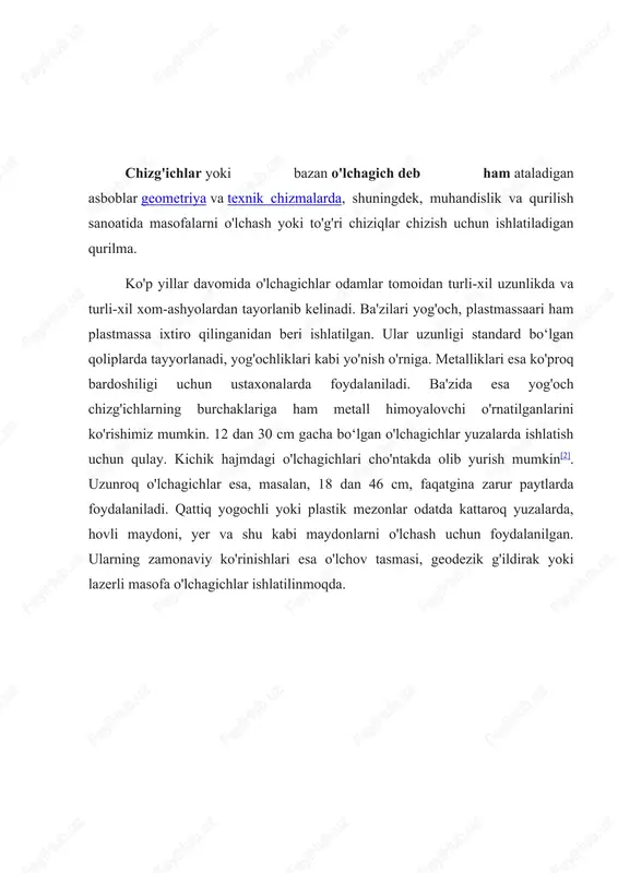 abu rayhon beruniy matematika, astronomiya, geodeziya va boshqalar fanlarga oid asarlarida oʻlchash usullari va vositalarini yoritishga katta ahamiyat bergan. u yer shari oʻlchamlarini aniqlashda oddiy va oʻziga xos usullarni qoʻllagan. ulugʻbek osmon jismlarining koordinatalarini aniqlash, yulduzlar va sayyoralar orasidagi masofalarni, joylarning geografik kengligi va uzunligini oʻlchash kabi amaliy astronomiya masalalarini oʻz davrining turlituman oʻlchov asboblari yordamida hal etgan. taxminan 15-asrgacha oʻlchash texnikasi matematika fanidan ajratilmagan. "geometriya" (yerni oʻlchash), "trigonometriya" (burchaklarni oʻlchash), "uch oʻlchov fazosi" va hokazo tushunchalar buning dalilidir. xvi-xviii asrlarga kelib, fizika fanining keng rivojlanishi natijasida oʻlchash texnikasi ancha takomillashtirildi. fizika oʻsha vaqtlarda, asosan, tajriba va oʻlchash texnikasiga toʻla asoslangan edi. takomillashtirilgan soat, mikroskop, barometr, termometr va baʼzi bir elektr oʻlchash asboblari oʻsha davrda yaratilgan. g. galiley, i. nyuton, x. gyuygens va boshqalar olimlar oʻlchov asboblarini yaratish va ularning nazariyalarini ishlab chiqish borasida muhim ilmiy tadqiqot ishlari qilganlar. metrologiya va oʻlchash texnikasi nazariyasi asoslari, asosan, xix asrda ishlab chiqildi. …