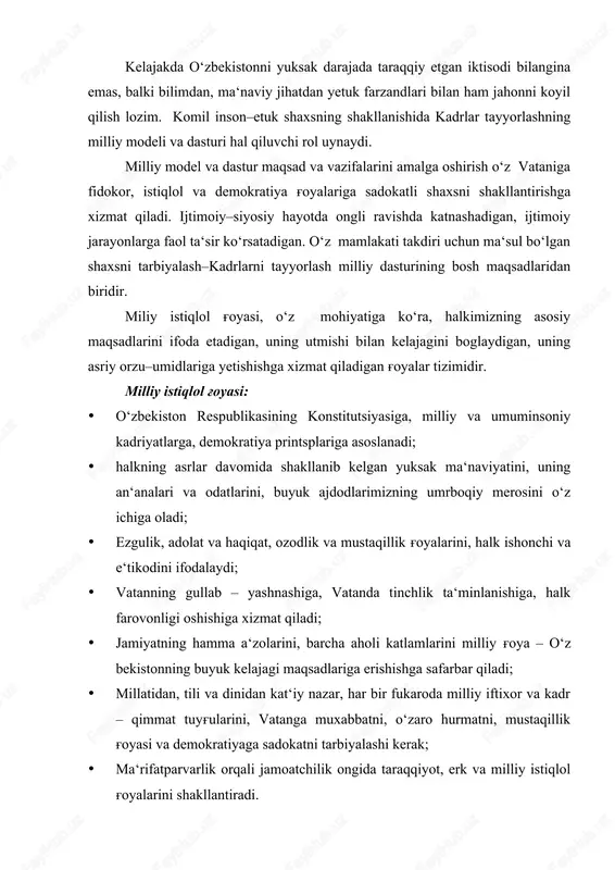 li jamoatchilik ongida taraqqiyot, erk va milliy istiqlol g'oyalarini shakllantiradi. milliy istiqlol g'oyasi–har bir vatandoshimiz, uning oilasi, butun jamiyat uchun vatan oldidagi burch va mas‘uliyatini bajarishning ma‘naviy mezonidir. milliy istiqlol g'oyasi ana shu talablarga javob berganidagina quyidagi asosiy vazifalarini bajarishga qodir bo‘ladi: · fukarolarning yot g'oyalardan mustaqil dunyokarashini va erkin tafakkurini, progressiv ijtimoiy ongni shakllantirish; · ijodiy, erkin fikrlaydigan, o‘z bilimlari va kuchlariga ishonadigan shaxsni tarbiyalash; · odamlarning, ayniqsa yoshlarning, yuksak ozodlik va taraqqiyot ideallariga ishonchini mustahkamlash, chinakam gumanistik e‘tikodlar mustahkamlanishiga xizmat qiladigan yuksak axloqiy muhitni yaratish; · vatandoshlarimizning o‘zligini anglashi, ayniqsa milliy iftixor va qadr – qimmat tuyg'ulari, tarixiy xotiraga sadoqat, vatanparvarlik, muqaddas qadriyatlarimizga avaylab munosabatda bo‘lish tuyg'ulari o‘sishiga yordam berish; · halkda or – nomus va halollik, saxiylik, kamtarlik va boshqa shu kabi axloqiy fazilatlarini rivojlantirish; · ko‘pmillatli halkimiz ongida ‘‘o‘zbekiston – umumiy vatanimiz’’ degan e‘tikodini shakllantirish va rivojlantirish. mamlakatimiz kelajagi uchun oliy majlisning ix sessiyasida qabul qilingan …