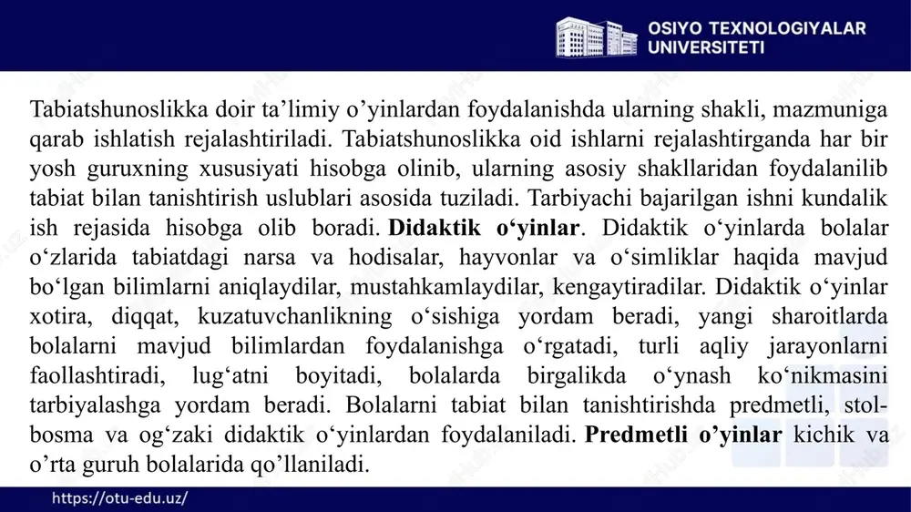 ruhlarning qatnashchilari bo'lakchalarni bir butun ko'rinishga keltiradilar. guruh sardorlari yaxlit holga kelgan hayvon, meva yoki daraxt haqida gapirib beradilar. «zanjir» usuli. bu usulni she'r, topishmoq, maqollar berilgan darslarda qo'llash maqsadga muvofiqdir. bolalar tartib bilan ketma-ket berilgan she'r misrasi yoki topishmoq qatorini aytadilar. bu usul qo'llanganda o'quvchi uyalib qolmasligi uchun berilgan she'r, maqol, topishmoqni yod olishga majbur bo'ladi. yer tagida oltin qoziq, u hammaga bular oziq. (sabzi) qo’lsiz oyoqsiz, rasm chizar (sovuq) yomg’ir yog’aloq yomg’ir yog’aloq yam-yashil o’tloq. endi ekinlar chiqarar quloq. naqorat: yashnasin dala, ochilsin lola. tog’lar qo’ynida misli, shalola. bahor kelganda ochilar gullar. qo’ylar, qo’zilar o’tlashga chiqar. naqorat: bog’da arilar gullarga qo’nar, ochilgan gullardan bollarni yig’ar. “rasmli rebus” o’yini. bolalarga 4-5 guruhga bo’linadi. har bir guruhga rasmlar tarqatiladi. berilgan rasmlar nomining bosh harflaridan hayvon yoki qushlar nomi kelib chiqishi kerak. masalan, it,laylak, ohu, ninachi – ilon, anor, rediska, chinnigul, arpa – archa. topshiriq keltirilgan misollarni bosh harfini olib ulardan …