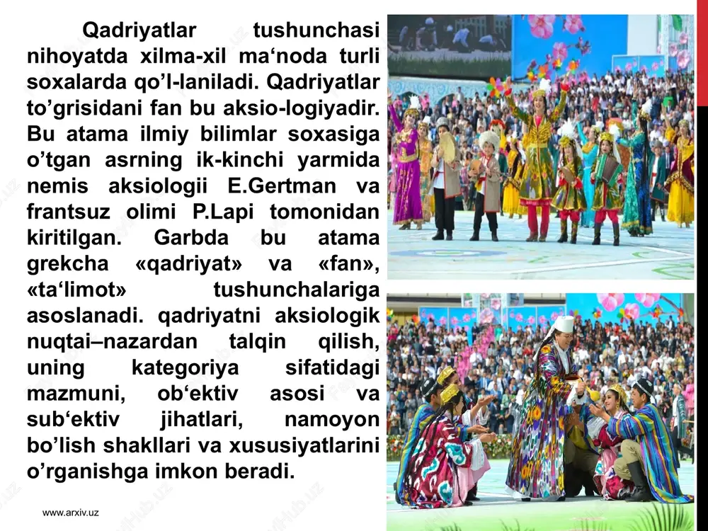 zmuniga qarab mantiqiy, etik, estetik va narsalar qad-riyatlariga bo’lish mumkin. shuningdek, qadriyatlarni haqi-qatni, ezgulikni, go’-zallikni ulug’lovchi qadriyatlarga ajratish mumkin. www.arxiv.uz qadriyatlar jamiyat ijtimoiy - iqtisodiy, madaniy -ma‘naviy rataqqiyotining mahsulidir. shuning uchun ham qadriyatlarda zamonning ruhi, imkoniyatlari, o’sha zamonda yashagan odamlarning orzu - umidlari, isatklari, atlab va ehtiyojlari o’z ifodasini topadi. zamonlar o’tishi bilan qadriyatlarning mazmuni va ma‘nosi o’zgarib boradi. xuddi shuning uchun ham qadriyatlarning atrbiyaviy ahamiyatga baho berganda konkret atrixiy shart - sharoitlarni doimo nazarda tutmoq zarur. www.arxiv.uz qadriyatlarni jamiyat, millat hayotidagio’rni, ijtimoiy xarakteriga qarab milliy va umuminsoniy, sinfiy yokidiniy, shuningdek kishilarning yoshi, pro-fessional xususiyatlariga xos qadriyatlarga bo’lish mumkin. insonning qadr - qimmati, sha‘ni, or - nomusi, milliy g’ururi - milliy qadriyatlar bilan bevosiat bog’liq. milliy qadriyatlar, har bir millatning o’ziga xos xususiyatlari, xossalari, belgilari, alomatlarini ifodalovchifalsafiy tushunchabo’lib, o’sha millat bosib o’tgan ijtimoiy rataqqiyot jarayonida shakl-langan milliy madaniy meros xazinasiga qo’shgan hissasini, ulushini ifodalaydi. xuddi shu mil-liy o’ziga xoslik, o’ziga …