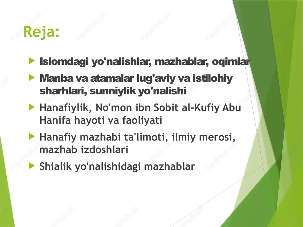 rlar insonlarga islom dinidan ta'lim berganlar. alloh taologa, uning sifatlariga, oxirat kuniga payg'ambar yo'llagandek ishonish, kitoblarini tasdiqlab, ular ravshanlantirib bergan to'g'ri yo'ldan borish, yaratganni yagona bilib, undan boshqasiga ibodat qilmaslikdir. shariat to'g'ri yo'lga solmoq, qonunchilik yo'naltirmoq, ibodat yo'llari, hayotiy va ijtimoiy qoidalar, kishilar orasidagi munosabat va muammolar, halol bilan haromni ajratib bermoqdir. qur'on va sunnatning hukmlaridan olingan mana shu qonunlar fiqh ilmi, deyiladi. www.arxiv.uz ziyo kelajak islom fiqhi asoslori va sunniylikdagi fiqhiy mazhablarning manbalari www.arxiv.uz quyidagi manbalarga asoslanibgina hukm chiqarish shart: qur'oni karim. agar faqih islomda biror narsaning hukmi qanday ekanligini bilmoqchi bo'lsa, avvalo qur'onga murojaat qiladi. unda nima hukm bo'lsa, hech ikkilanmasdan uni qabul qiladi. 2. sunnat muhammad (s.a.v.) qilgan ishlari va aytgan so'zlari. hadislarga asosan hukm chiqarilganda, ularni nihoyatda ehtiyotkorlik bilan tanlab olinishi zarurdir. 3. ijmo bir davrning ijtihod (diniy manbalardan mustaqil hukm chiqarish) darajasiga yetgan ulamolarining yakdillik bilan biror masalani qabul qilishlaridir. 4. qiyos - ya'ni, hukmi …