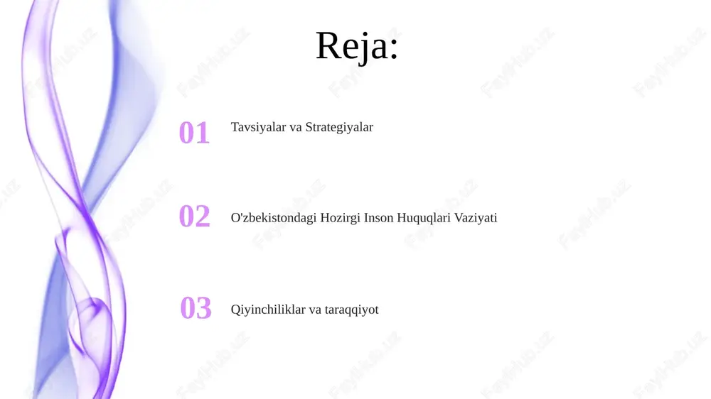 icha islohotlar o'tkazmoqda. o'zbekiston konstitutsiyasi mehnat huquqlari va ishchilarni himoya qilishni kafolatlaydi. o'zbekiston xalqaro mehnat tashkiloti (ilo)ning birlashish erkinligi va kollektiv muzokara qilish huquqi kabi muhim konvensiyalarini ratifikatsiya qildi. inson huquqlari yaxshilanishi uchun muammolar va imkoniyatlar. qiyinchiliklar: fikr erkinligi, yig'ilish va birlashish huquqlari cheklangan. mustaqil fuqarolik jamiyati cheklangan. inson huquqlarini kafolatlash: sud hokimiyatining mustaqilligini mustahkamlash, qonun ustuvorligini targ'ib qilish va xalqaro inson huquqlari standartlariga rioya qilish muhimdir. imkoniyatlar: o'zbekiston hukumati inson huquqlari islohotlariga sodiq. xalqaro hamkorlikning kuchayishi yanada taraqqiyotni rag'batlantirishi mumkin. jins tengligi va ayollar huquqlari biroq, iqtisodiy ishtirok va rahbarlik lavozimlarida vakillik kabi sohalarda qiyinchiliklar saqlanib qolmoqda. o'zbekiston jinslar tengligi va ayollar huquqlarini targ'ib qilishda katta yutuqlarga erishdi. qonunlar ayol kishilarga teng huquq va imkoniyatlarni ta'minlaydi. tavsiyalar va eng yaxshi amaliyotlar mustaqil sud nazoratini mustahkamlash va adolatli sud jarayonini ta'minlash. majburiy mehnatga qarshi kuchli choralarni amalga oshirish va ishchilar huquqlarini himoya qilish. ifoda erkinligi, yig'ilish va birlashish erkinligini targ'ib …