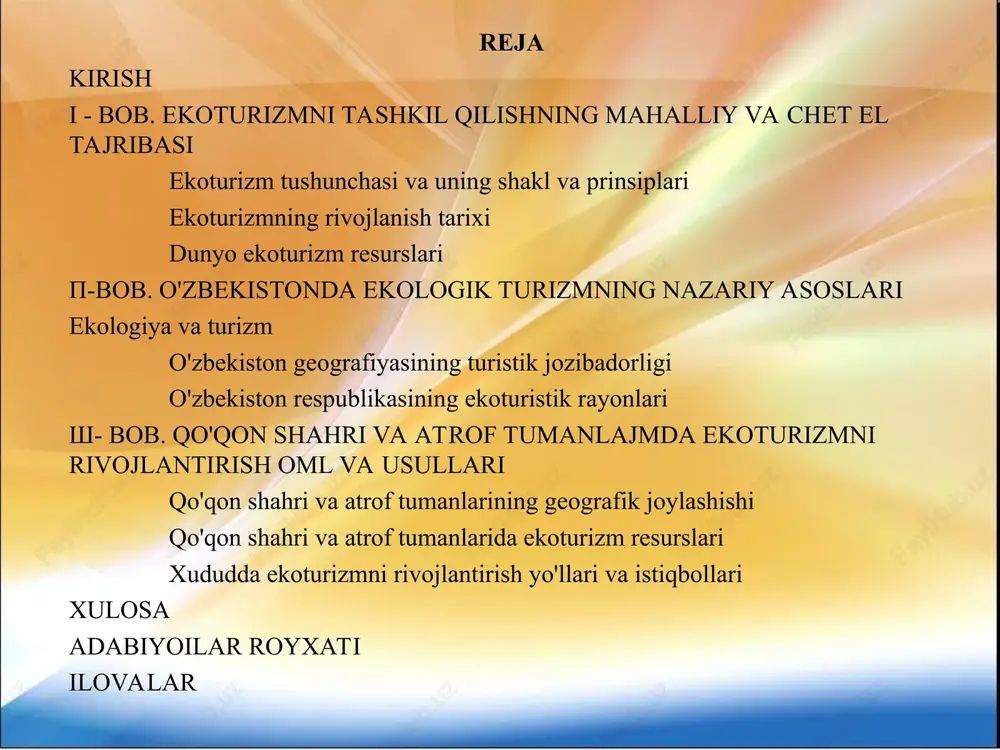 iriga bo’liq. o’zbekiston respublikasi tabiatni muhofaza qilish davlat qumitasining mutaxasislarini o’zbekistonning ekoturistik rayonlari xaritasini ishlab chiqishgan. xaritaga muvofiq butun mamlakatimiz hududi xiv ekoturistik rayonga ajratilgan. muqaddas qadamjolar sifatida e’zozlanib kelinayotgan ziyoratgohlarning boshqa dam olish maskanlaridan tubdan farq qiluvchi jixatlari shundan iboratki bu aziz joylar xalqimizning azaliy qadiryatlari, rasm-rusumlari, urf-odatlari bilan bog’liq ekan u joylarga uyushtirilgan sayoxatlarda o’tkazilajak marosimlarda azaliy udumlarga ziyoratgohlarda dafn etilgan aziz-avliyolarning ruxi-pokiga hurmat yuzasidan munosabatda bo’lmoq zaruriyatini unutmaslik lozim. xulosa. ekspatlarning fikricha xozirda ekoturizm butun dunyoda eng serdaromad soxalardan biri hisoblanadi. ushbu tarmoqni yanada rivojlantirish nafaqat ijtimoiy-iqtisodiy masalalarni samarali hal etish balki ekalogik muammolarni bartaraf qilishda ham muhum ahamiyat kasb etadi. umuman olganda turizm kelajakda o’zbekiston iqtisodiyotining daromadli tarmoqlaridan biriga aylanadi. buning uchun mamlakatimizdagi beqiyos imkoniyatlar, siyosiy tinchlik,eng asosiysi xalqimizning insonparvarligi va mexmondo’stligi nixoyatda muxim omil bo’lib xizmat qiladi.