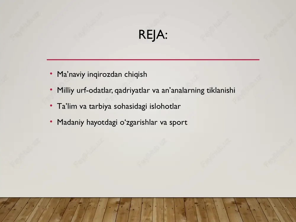 z da’vatlaridan voz kechish kabi og‘ir, vaqt talab etadigan jarayon bilan bog‘liq. endi tafakkur tarzi va qarashlarni tubdan o‘zgartirish uchun eng avalo, o‘sha davrning bosh mafkurachisi -- sobiq kommunistik partiya g‘oyalaridan voz kechish, qolaversa, butunlay yangi, zamon talablari va ijtimoiy-siyosiy jarayonlarmazmun-mohiyatidan kelib chikadigan mafkurani ishgasolish lozim edi. ana shu xulosalardan kelibchiqib, i.a.karimov 1991-yil 14-sentabrda shunday fikrni bayon qildi; "biz madaniy inqilobning g‘alabasi haqida gapirmokdamiz. madaniyat va san’at esa hozir og‘ir tanglikka duchor bo‘lgan. bu mafkuraviy zulmning oqibatidir. partiya shu yillar mobaynida "sotsializmning asoslarini bunyod etish, “keng ko‘lamda kommunizm”, “rivojlangan sotsializm” qurish bilan mashg‘ul bo‘lib ketaverdi. har xil "izm"lar, orzu-xavaslar, maqsadlar haqida gapirar ekanmiz, nihoyat shuni uqib olishimiz kerakki, bu yorug‘ dunyoda insonning hayotidan ko‘ra qadrli boshqa xech narsa yo‘q". prezident o‘z fikrini davom ettirib "kommunistik partiya bosib o‘tgan yo‘lni taxlil etish va unga baho bcrishdan maqsadimiz shuki, har bir kishi endi nihoyat ko‘zni katta ochib, turmushga razm solsin. mafkuraviy aqidalardan …