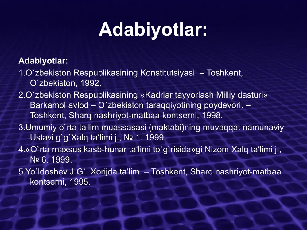 ari. o`zbekiston respublikasining «ta‘lim to`g`risida»gi qonunining 3-moddasida ta‘lim sohasidagi davlat siyosatining asosiy tamoyillari ko`rsatib o`tilgan. ular quyidagilardan iborat: -ta‘lim-tarbiyaning insonparvar va demokratik xarakterda bo`lishi, -ta‘lim tizimining uzluksizligi va izchilligi; -umumiy o`rta, shuningdek, o`rta maxsus kasb-hunar ta‘limining yo`nalishlarini tanlashning ixtiyorligi; -ta‘lim tizimining dunyoviy xarakterda ekanligi; davlat ta‘lim standarti doirasida ta‘lim olishning hamma uchun ochiqligi; -ta‘lim dasturini tanlashga yagona va tabaqalashtirilgan yondoshuv; - bilimli bo`lishni rag`batlantirish; -ta‘lim tizimida davlat va jamiyat boshqaruvini tuyg`unlashtirish o`zbekiston respublikasining «ta‘lim to`g`risida»gi qonunida alohida urg`u berilganidek, ta‘limni tashkil etishning asosiy maqsadi – jamiyatda intellektual va ilmiy potentsialni rivojlantirish, jamiyat, oila va davlat oldidagi burchi, javobgarligini anglaydigan barkamol va mustaqil fikrli shaxsni shakllantirishdan iborat ta’lim tizimini jamoatchilik sosida boshqarish o‘qituvchilar, o‘quvchilar, ota-onalar va jamoatchilik vakillaridan iborat pedagogik kengashning ta’lim muassasasi faoliyatini samarali tashkil etishga yo‘naltirilgan faoliyati o`zbekiston respublikasining «ta‘lim to`g`risida»gi qonunining 3-moddasida ta‘lim sohasida davlat siyosatining asosiy tamoyillaridan biri ta‘lim va tarbiyaning insonparvar va demokratik xarakterda bo`lishi ko`rsatilgan. …
