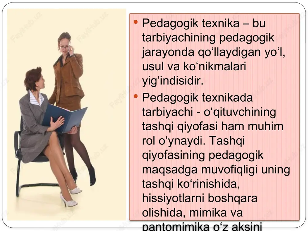 aniq, burro, ravshan talaffuz qilish demakdir. diksiya nutq apparatining inteksiv ishlashiga bog‘liq. bunda lab, til, tish, qattiq va yumshoq tanglay, osilchoq tilcha, xiqildoq, jag‘lar faol ishtirok etadi. buning uchun ularni hamma vaqt mashq qildirib borish lozim. hozirgi kunda artikulyasion apparatni ham takomillashtiruvchi maxsus mashqlar tizimi ishlab chiqilgan ritmika ritmika – bu so‘zni aytilishining tezligi va davomiyligi bo‘lib hisoblanadi. nutqning tezligi pedagogning individual xususiyatiga, nutq mazmuni va muloqot sharoitiga bog‘liqdir. nutq eng tez bo‘lganda bir daqiqada /minutda/ 110-120 so‘zni aytish mumkin. inglizlarda bu raqam 120-150 ga tengdir. tajribalar shuni ko‘rsatadiki, v-vi sinfda o‘qituvchi bir daqiqada 60, ix sinfda 75 tadan ortiq so‘z ishlatmasligi lozim. bolalar bog‘chasida esa bu raqam 35-40 ni tashkil qilishi kerak. image2.jpeg image3.jpeg image4.png image5.png image6.png image1.jpeg /docprops/thumbnail.jpeg