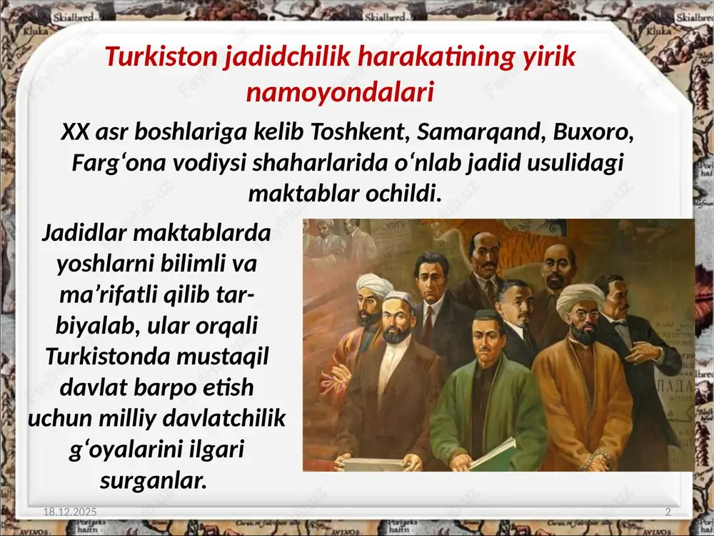 6 munavvarqori abdurashidxonov (1878–1931) – turkiston o‘lkasida ozodlik, millat kelajagi uchun kurashgan ma’rifatparvar siyosiy arbob, jadidchi-lik harakatining yirik namoyan dalaridan biri. 28.10.2024 7 munavvarqori abdurashidxonov 1904-yildan boshlab o‘lkadagi ijtimoiy-siyosiy, ma’rifiy harakatlarning faol ishtirokchisi. u jadid maktablari ochilishining tashabbuskori va amaliyotchisi, milliy gazeta va jurnallar asoschisi, muharriri hamda jadid teatri targ‘ibotchisi bo‘lgan. 28.10.2024 8 jadid teatri dastlabki paytlarda madaniy-ma’rifiy, keyinchalik siyosiy-ijtimoiy xususiyat kasb etgan islohotchilik harakati faol ishtirokchilaridan biri abdulla avloniy 1878-yil toshkent shahrida hunarmandlar oilasida tug‘ildi. 28.10.2024 9 abdulla avloniy o‘lkada ta’lim, matbuot, teatr sohalarining rivojlanishiga katta hissa qo‘shib, 1907-yil «shuhrat» gaze-tasiga asos soldi. o‘zi tashkil qilgan yangi usul maktabi uchun «birinchi muallim», «ikkinchi muallim», «turkiy guliston yoxud axloq» kabi darsliklarni yaratdi. 28.10.2024 10 behbudiy, munavvarqori, abdulla avloniy kabi boshqa milliy taraqqiyparvarlar ham ma’rifatparvarlik faoliyatini olib borib, yangi maktablar, xayriya jamiyatlari, kutubxona va kitob do‘konlari ochdilar. 28.10.2024 11 turkiston jadidchilik harakatining namoyandalari ma’rifatparvar kishilar edi. 28.10.2024 12 siyosiy ma’noda ma’rifatparvarlik …