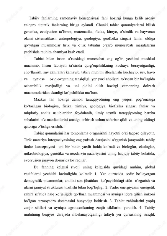 lozimligida ko’radi: 1. yer qurrasida sodir bo’layotgan demografik muammolar, aholini son jihatidan ko’payishidagi sifat o’zgarish va ularni jamiyat strukturasi tuzilishi bilan bog’liqligi. 2. yadro energiyasini energetik zahira sifatida halq xo’jaligida qo’llash muammosi va ayniqsa idora qilish imkoni bo’lgan termoyadro sistemasini bunyodga keltirish. 3. tabiat zahiralarini yopiq zanjir sikllari va ayniqsa agrotexnikaning zanjir sikllarini yaratish. 4. tabiiy muhitning beqiyos darajada ifloslanayotganligi tufayli yer qurrasining issiqlik balansini o’rganish muammolari. 5. yer qurrasida sodir bo’lishi kutilayotgan falokat (inson naslini buzilayotganligi)ni oldini olish va hokazo. bu muammolarni yechish uchun yuksak intellektual kuchlar va juda katta mablag’ talab qilinadi. buning uchun ilmiy tadqiqot ishlari halqaro masshtabda olib borilishi lozim bo’ladi. insonning texnikaviy talabi uchun har yili atmosfera hisobidan sarflanadigan kislorod 48 mlrd. kishini nafas olishi uchun yetarli. shu bilan birga insonni hayot faoliyati normal borishi uchun sarflanadigan atmosfera tarkibidagi kislorodning miqdori 5 ming trln. tonnaga teng bo’lishiga qaramasdan uni bitmas - tuganmas deb bo’lmaydi. odam …