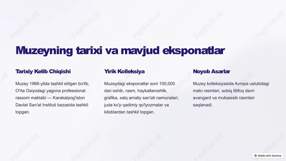 iy madaniyat karakalpog'istonda qadimdan yashagan xalqlar, jumladan qoraqalpoqlar, qozoqlar, o'zbeklar va boshqalar o'ziga xos madaniy an'analarga ega. etnik liboslar xilma-xil giyohlar, to'qimalar, tosh va metaldan tayyorlangan bezakli kiyim-kechaklar qadimiy urf-odatlardan dalolat beradi. xalq musiqa asarlari xalq cholg'u, kuylari, raqslari va boshka an'anaviy san'at namunalari muzeyda namoyish etiladi. 5 qadimiy qo'lyozmalar va eski kitoblar qo'lyozmalar muzey fondidagi noyob qo'lyozma kitoblar, asosan urganch, xorazm, qashqadaryo kabi mintaqalardan topilgan. eski kitoblar ushbu asarlar orasida 9-10-asrlardan qolgan qur'oni karim nusxalari va boshqa qimmatli qo'lyozmalar mavjud. xattotlik san'ati bu qo'lyozmalardagi noyob xattotlik namunalari alohida e'tiborga loyiq. 6 muzey fondi va uning boshqarilishi to'plash muzeydagi asarlar asosan mahalliy va xorijiy sovg'a-salomlar, shuningdek, doimiy sayyor xarid-sotuvlar orqali to'planadi. saqlash muzey eksponatlar stoyka, ombor va laboratoriyalar orqali xavfsizlik talablari asosida saqlanadi. kataloglash kataloglash va raqamlash orqali muzey kolleksiyasi haqidagi ma'lumotlar tartibga solinadi. 7 turizmni rivojlantirish uchun qo'shimcha imkoniyatlar yangi ko'rgazmalar mavjud kolleksiyadan tez-tez yangi ko'rgazmalar tashkil etish. interaktiv …