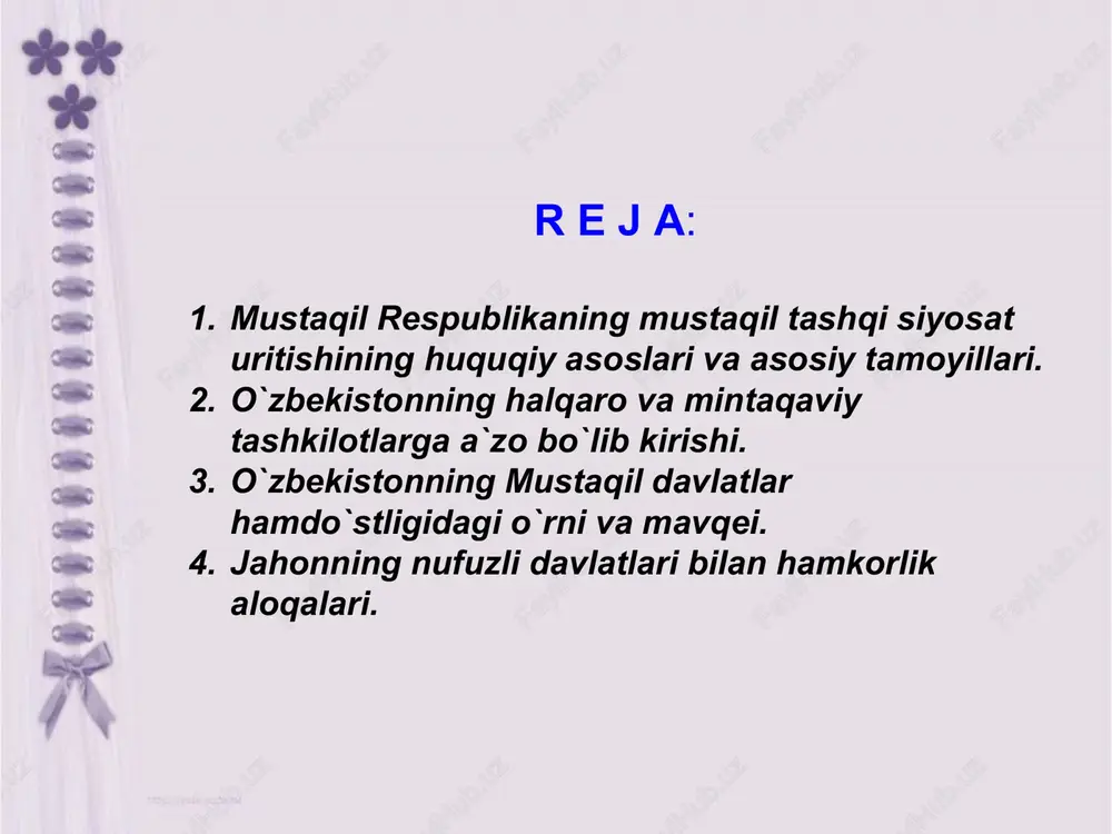 amlakatlar, hech qachon o`z qobig`iga o`ralib rivojlanmagan. aksincha, mustaqil rivojlanish yo`lini tanlashi bilanoq jahon hamjamiyatga qo`shilish orqali o`z taqdirini belgilagan (usmonov q. va boshqalar. o`zbekiston qaramlik va mustaqillik yillarida.-toshkent: o`qituvchi, 1996.-b.92). o`zbekistonning jahon hamjamiyatga qo`shilish davri g`oyat bir murakkab va qaltis davrga to`g`ri keldi. sobiq ittifoq tarqalib ketgach dunyo asosan ikki qutbli (sssr va aqsh) bo`lgan bo`lsa, endi ko`p qutbli bo`lib qolgan edi. xx asr o`z g`avg`olari, to`palonlarini, qirg`inlarini biz yashayotgan xxi asrga meros qilib qoldirib hayr ma`zur qilayotgan bir davrga to`g`ri keldi. o`zbekiston geosiyosiy jihatdan qulaylik tug`diruvchi imkoniyatlar bilan birga, bu borada kiyinchiliklar tug`diruvchi bir qancha omillar ham mavjud edi. garchi, tashqi siyosat sohasidagi an`analarimizning ildizlari uzoq moziyga borib taqalsa-da, mustamlaka davridagi yo`qotishlar natijasida, dastlabki paytlarda respublikamiz tashqi siyosat uritish tajribasiga ham, jahon diplomatiyasini biladigan kadrlarga ham ega emas edi. tashqi siyosiy diplomatik, iqtisodiy va madaniy aloqalarni o`zi mustaqil boshlashga to`g`ri kelsada, respublika rahbariyati bu boradagi muammolarni echishga dadil …