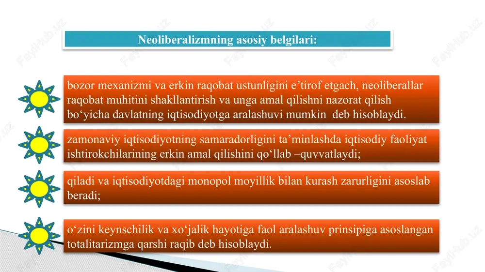 odiy g’oyalari. xx asrning 30-yillari germaniyada vujudga kelgan neoliberalizm yo‘nalishi asoschilaridan biri valter oyken hisoblanadi asosiy asari “milliy iqtisodiyot asoslari” (1947 y) asosiy g‘oyalari markazlashgan iqtisodiyotda ko‘rsatmalar yuqoridan beriladi, erkin bozor xo‘jaligida hech kim o‘z amrini o‘tkazmaydi; xalq qancha madaniylashgan bo‘lsa, u shuncha markazlashmagan iqtisodiyotni tanlaydi. iqtisodiy siyosat sohsida ikki yo‘nalish – tartib siyosati va tartiblab turish siyosati ajratib ko‘rsatib beriladi: birinchisi iqtisodiy tartib va uning shakllarini shakllantiradi va takomillashtiradi, ikkinchisi iqtisodiy o‘sish va rivojlanish jarayoniga ta’sir ko‘rsatadi. xo‘jalik tizimlarining ikki turi tajribada hech qachon sof holda uchramaydi, ular muayyan sintezlashgan ko‘rinishda nomoyon bo‘ladi. xo‘jalik faoliyatining barcha turlari ikkita – markaziy boshqaruv yoki erkin bozor xo‘jaligi –tizimlarida amal qiladi. ijtimoiy bozor xo‘jaligi atamasini birinchi bor kyoln universiteti qoshidagi iqtisodiy siyosat instituti direktori alfred myuller - armak ilmiy oborotga kiritdi. ijtimoiy bozor xo‘jaligi modelining keng tarqalishiga asosiy sabab, yuqori o‘sish sur’ati ta’minlangan erxardning samarali iqtisodiy siyosati hisoblanadi. v.repke tavsifiga ko‘ra “ijtimoiy …