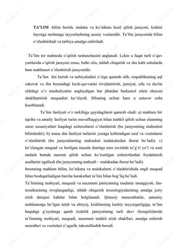 , maqsadi va mazmuni jamiyatning madaniy taraqqiyoti, fan-texnikasining rivojlanganligi, ishlab chiqarish texnologiyalarining amalga joriy etish darajasi kabilar bilan belgilanadi. ijtimoiy munosabatlar, umumiy mahlumotga bo’lgan talab va ehtiyoj, kishilarning kasbiy tayyorgarligiga, ta’lim haqidagi g’oyalarga qarab kishilik jamiyatining turli davr (bosqich)larida ta’limning mohiyati, maqsadi, mazmuni tashkil etish shakllari, amalga oshirish metodlari va vositalari o’zgarib, takomillashib boradi. ta’lim mohiyatiga ko’ra bu jarayonda ishtirok etuvchilarning o’zaro hamkorlikdagi faoliyatlarining natijasidir. ta’lim jarayonida shaxsning dunyoqarashi, qobiliyati, fazilat (xislat)lari o’zgaradi. ta’lim jarayonida kishilik jamiyatining ijtimoiy-tarixiy tajribalari tahsil oluvchilar tomonidan o’zlashtiriladi va shu yo’l bilan u avlodlar orasidagi mahnaviy-madaniy, ijtimoiy, ijtimoiy vorislikni taminlaydi. ta’limning metodologik asosini dealektik bilish nazariyasi tashkil etadi. kasbiy pedagogika – umumiy pedagogikaning bir sohasi bo’lib, u tarbiya, ta’lim, o’qitish haqida qator nazariy va amaliy mahlumotlar beradi. kasbiy pedagogika sanoat, ishlab chiqarish va mehnat pedagogikasining masalalari bilan shug’ullanadi. kasb-hunar ta’limi pedagogikasi bir necha bo’limlariga bo’linib, bu bo’limlarda kasbiy pedagogikaning asoslari va muhim malasalalarini, yahni kasb-hunar …