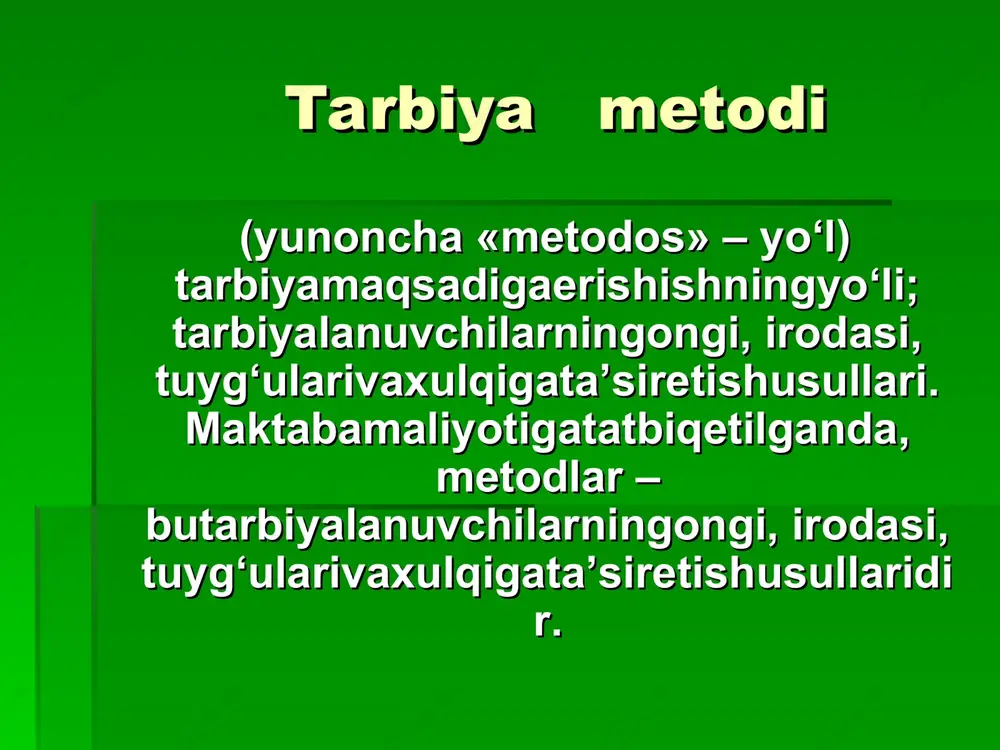 shakllantirish mumkin. biroq har bir bosqichda mazkur sifatni shakllantirish borasida turli metodlar qo‘llaniladi. halq pedagogikasida halq pedagogikasida tarbiya metodlari. halq pedagogikasi o‘zbekona axloq, odob va tarbiyaning barcha qirralarini o‘zida mujassamlashtirgan. halq pedagogikasida turlicha tarbiya metodlari hamda vositalaridan foydalaniladi. bu metod va vositalar nihoyatda rang-barang bo‘lib, ko‘p jihatlari bilan ilmiy pedagogikadan ustunlik qiladi. binobarin, ushbu metodlar ilmiy pedagogikaning shakllanishiga ham o‘z ta’sirini o‘tkazgan. halq pedagogikasida qo‘llanilgan hilma-hil tarbiya metodlarini quyidagi tarzda umumlashtirish mumkin. 1. tushuntirish (hikoya qilish, o‘rgatish). 2. mashqlantirish (odatlantirish, mashq qildirish). 3. namuna (maslahat berish, uzr so‘rash, yaxshiliklar haqida so‘rash, o‘rnak bo‘lish). 4. nasihat qilish, o‘git (undash, ko‘ndirish, iltimos qilish, yolvorish, tilak-istak bildirish, ma’qullash, rahmat aytish, duo qilish, oq yo‘l tilash va hokazolar). 5. qoralash va jazo (ta’kidlash, ta’na, gina, tanbeh berish, majbur qilish, koyish, ayblash, uyaltirish, qo‘rqitish, nafratlanish, ont-qasam ichirish, urish, kaltaklash va hokazolar). yoshlar agar e’tibor berilsa, yuqoridagi beshta metod umumiy yaxlitlikni ifodalaydi. oldin bolaga umumiy jarayonning …