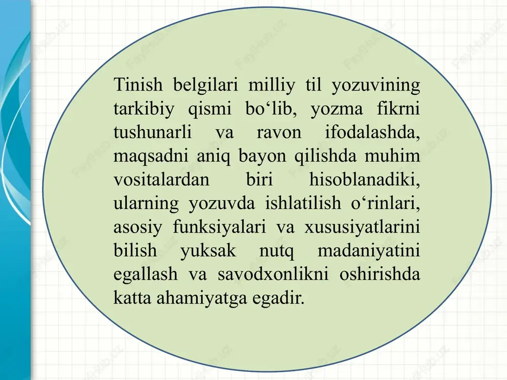 oq sintaktik) qonuniyatga asoslanishi; e) oʻz grafik shakliga, oʻz qoʻllanish sistemasiga ega boʻlishi lozim. o‘zbek yozuvida tinish belgilarining qoʻllanishi xix asrning ikkinchi yarmidan boshlangan. xix asrning ii yarmidan soʻng o‘zbekistonda matbaachilikning paydo boʻlishi, kitob nashr etish ishlarining rivojlanishi oʻzbek punktuatsiyasining shakllanishida muhim omillardan hisoblanadi. hozirgi oʻzbek punktuatsiyasining shakllanishi xix asrning 70-yillariga toʻgʻri keladi. tinish belgilarining qanday usul va tartibda qoʻllanishi punktuatsiya prinsiplari asosida belgilanadi. hozirgi oʻzbek tilida tinish belgilarining qoʻllanishi quyidagi prinsiplarga asoslanganligini koʻramiz: logik-grammatik prinsip. bu prinsip nutqning semantik-grammatik jihatlari bilan bogʻliq boʻlib, nutq mazmuni, nutq strukturasi va nutq intonatsiyasini oʻz ichiga oladi hamda shularga asoslanadi. har bir nutq parchasiga (gapga) xos shu uch jihatning dialektik birligini quyidagi misolda ochiq koʻrish mumkin: xoʻp, soat oltiga yetib boraman. (a. qahhor) bu gapdagi mazmuniy tomon: xabar maʼnosini anglatish, voqeani taʼkidlash; tarkibiy tomon: sodda gap shaklida, besh soʻzdan iborat, sostavida gap boʻlaklari bilan sintaktik jihatdan aloqaga kirishmaydigan, tasdiqni bildiruvchi soʻz (“xoʻp”) bor; …