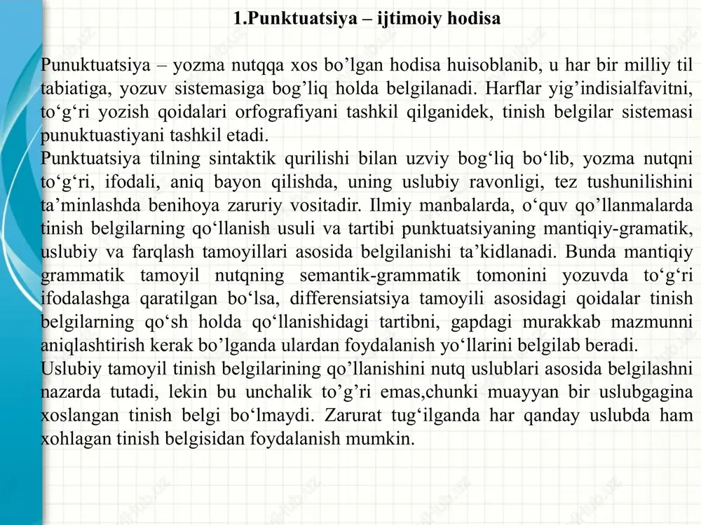 gallanmagan yoki izohtalab tushunchalar ko‘p nuqta yoki qavslar bilan ifodalanadi. gapda tinish belgilarning o’rni o‘zgarsa gaapning mazmuni va sintaktik tuzulishi ham o‘zgaradi. quyidagi misollar bu gapimizning yorqin namunasi. ona aziz farzandiga yelni ham ravo ko‘rmaydi (farzandning azizligi ma’nosida). ona aziz, farzandiga yelni ham ravo ko‘rmaydi (onaning azizligi nazarda tutilgan). tinish belgilari o‘z vazifasiga ko‘ra, ikkiga bo‘linadi; a) chegaralovchi tinish belgilar- muayyan sintaktik tuzilmaning yoki umumman gapning chegarasini bildirish, bironbir gap bo’lagini intonatsion mazmuniy jihatdan ajratib ko‘rsatish, nutq qaratilgan shaxs yoki predmet nomi qamrab olingan, shuningdek, yozuvchi (so’zlovchi)ning subyektiv munosabati ifodalangan sintaktik tuzilma chegarasini ko’rsatish uchun xizmat qiluvchi b) ajratuvchi tinish belgilari- mustaqil gaplarni, ularning qismlari (bosh va ergash gaplar, bog‘langan va bog‘lovchisiz qo‘shma gaplarning predikativ qismlari)ni, gapning uyushgan bo‘laklarini, birgalik ergashishli qo‘shma gaplarni, gapning ifoda maqsadiga ko‘ra turlarini, tutqning bo‘linganligini ko‘rsatuvchi tinish belgilari. boshlang`ich sinf o`quvchilarining savodxonligini oshirish va nutq madaniyatini egallashda alfavitni o`rganish qanchalik ahamiyatga ega bo`lsa, punktuatsiyani puxti …