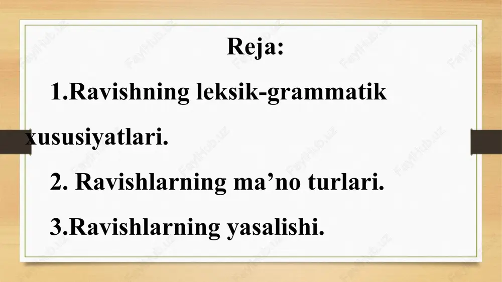 ada, shu kuni, bu orada. payt va o‘rin ravishlarini payt va o‘rin otlaridan farqlash lozim; agar kelishik qo‘shimchalari ajratilsa va otligicha qolsa, bu otdir: yozda, qishda, bahorda; ko‘chada, uydan; agar kelishik qo‘shimchasi ajralgandan keyin boshqa turkum so‘ziga aylansa, bu ravishdir: yaqinda, boshda (avval), kunda, chetda va b. o‘rin ravishlari ish-harakatning bajarilish o‘rnini bildirib, qaerda?, qaerdan?, qaerga? so‘roqlariga javob bo‘ladi: oldinda, orqada, o‘ngda, chapda, quyidan, uzoqdan, ichkaridan, yuqoriga, berida, pastda, o‘rtada, tashqarida, olg‘a, u yoq-bu yoqqa va b. sabab ravishlari ish-harakatning bajarilish sababini bildirib, nega? so‘rog‘iga javob bo‘ladi: noiloj, ilojsiz(likdan), chorasiz(likdan). maqsad ravishlari ish-harakatning bajarilish maqsadini bildiradi va nega?, nima maqsadda? so‘roqlariga javob bo‘ladi: atay(in), ataylab, jo‘rttaga, qasddan, qasdma-qasdiga, azza-bazza. diqqat! ayrim darsliklarda maqsad va sabab ravishlari bir guruhga birlashtirilib, maqsad-sabab ravishlari deb yuritiladi. daraja-miqdor ravishlari ish-harakatning darajasini, miqdorini, belgining darajasini, narsa-buyumning noaniq miqdorini bildirib, qancha? qaydarajada? so‘roqlariga javob bo‘ladi: juda, eng, g‘oyat(da), nihoyatda; ko‘p, mo‘l, bisyor, oz, kam, picha, ancha, …