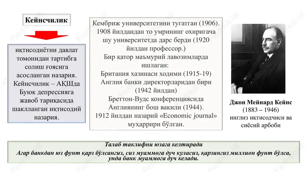 lish metodologiyasi, yondashuvlarida keskin burilish yasadi asosiy muammolar iqtisodiyotni qanday tartibga solish zarur? ishsizlikni qanday bartaraf etish mumkin? 2 keynsning nazariy qarashlari amaliyot bilan bevosita bog'liqligi bilan ajralib turadi umumiy iste'mol talabining pasayishi tovarlar va xizmatlar ishlab chiqarishning qisqarishi mayda ishlab chiqaruvchilarning xonavayron bo'lishi, yirik korxonalarda yollanma ishchilarni ishdan bo'shatish, ommaviy ishsizlik aholi, ya'ni xaridorlar daromadining qisqarishi keyns bo'yicha ushbu jarayon davlat tomonidan hal etilishi zarur iqtisodiyotning rivojlangan bosqichlarida davlat xarajatlari cheklanishi, inqirozlar davrida xarajatlar byudjet taqchilligiga olib kelsa-da ko'payishi lozim takror ishlab chiqarish jarayoni ko'p bosqichli va ko'p o'lchovli tizim hisoblanadi xususiy tashabbus makro darajadagi tartibga solish usullari bilan uyg'unlikda rivojlanadi tovar aylanmasi moliya-pul oqimlari bilan bevosita bog'liq bozor mexanizmi psixologik omillar ta'sirida bo'ladi 3 keynsning makroiqtisodiy modeli o'zaro bog'liqlikda faoliyat yurituvchi murakkab tizim hisoblanadi keynsning xizmati shundaki, u ijtimoiy- iqtisodiy bog'lanishlarni makro darajada o'rganishga asos soldi. keyns alohida (tovarlar, ishchi kuchi, pul) bozorlar o'rtasida bog'liqlik mavjudligini aniqladi, makroiqtisodiy …