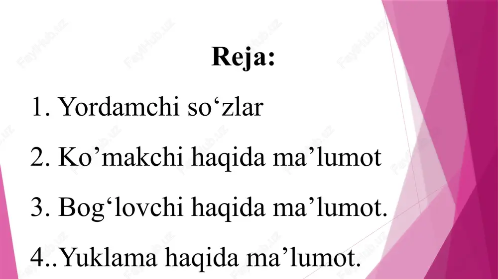ishigi va egalik qo‘shimchalarini qabul qiladi. bunday so‘zlar ko‘makchi otlar deb ataladi: old, o‘rta, yon, orqa, ket, ich, ust, tepa, ost, tag, ora, bosh, o‘rin, qosh, yoqa, tomon. bu so‘zlar belgisiz qaratqich kelishigidagi so‘zdan keyin kelgandagina ko‘makchi ot hisoblanadi: ish ustida, sandig‘i ostida. ko‘makchilarning qo‘llanishi va ma’nolari 1) bosh kelishikdagi so‘zlar bilan qo‘llanadigan ko‘makchilar: bilan (qisqa shakllari: -la, ila)ko‘makchisi birgalik (ukasi bilan keldi.), vosita (qalam bilan yozdi), tez boshlanish (eshik ochilishi bilan kirishdi), payt (tuni bilan uxlamadi), holat (baxtiyorlik bilan jilmaydi) kabi ma’nolarni bildiradi. uchun (qisqa shakli: -chun) ko‘makchisi maqsad, sabab, atash, evaz ma’nolarini ifodalaydi: bolalar uchun qurildi. o‘qimagani uchun bilmadi. sen uchun oldim. yordamingiz uchun rahmat. 2) jo‘nalish kelishigidagi so‘zlar bilan qo‘llanadigan ko‘makchilar: tomon ko‘makchisi ham jo‘nalish, ham bosh kelishikdagi so‘zlarga bog‘lanib, yo‘nalish ma’nosini, qadar ko‘makchisi chegara ma’nosini, ko‘ra ko‘makchisi sabab, ta’kidlash, qiyoslash ma’nolarini, qarshi ko‘makchisi zidlik ma’nosini, qarab, qarata ko‘makchisi yo‘nalish, o‘lchov ma’nosini, qaragandako‘makchisi ta’kidlash, qiyoslash manolarini, qaramasdan, …