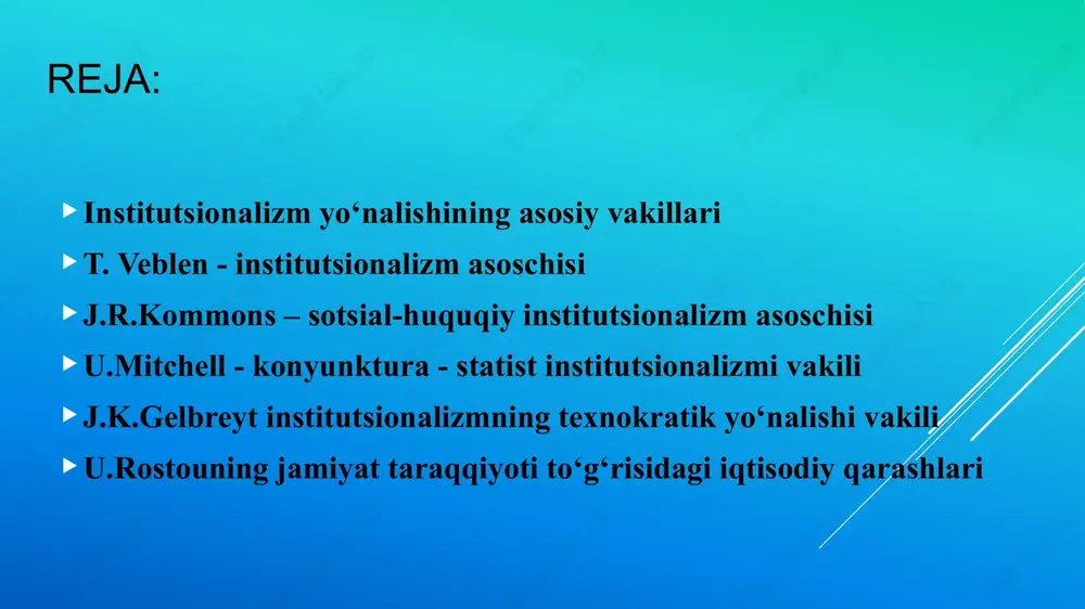 eltirish orqali ijtimoiy tuzilmalarni o‘zgartirishni taqozo etadi deb hisobladi. «biznes» sohasiga nisbatan ustunlik qiluvchi, fan-texnika intel-legentsiyasi rolining oshishiga olib keluvchi fan-texnika taraq-qiyotini o‘stirish bo‘yicha ijtimoiy islohotlar evolyutsiyasi zarur-ligini ko‘rsatib beradi. t.veblen bo‘yicha, aynan «industrial tizim» ishlab chiqarish faoliyatini yaxshilash va uning samaradorligini oshirish imkonini beradi. urf-odat ko‘rsatma muassasa «instituto» institutisionalizm namoyondalarining fikricha – institutlar jamiyat rivojlanishining asosiy harakatlantiruvchi kuchi bo‘lib xizmat qiladilar. bunda ijtimoiy hodisalar, masalan oila, davlat, monopoliya, kasaba uyushmalari va boshqalar, ya’ni jamoat ruhining namoyon bo‘lish shakllari, xalqning ma’lum guruhlari uchun odatiy, an’anaviy, shuningdek, huquqiy, axloqiy va boshqa ko‘rinishlarini o‘z ichiga oladi. jon kommons (1867-1945y.) asosiy asarlari «institutsional iqtisodiyot» (1934), «kapitalizmning huquqiy asoslari» (1924) j.r.kommons g‘oyalarining o’ziga xosligi j.r.kommons oila, davlat, siyosiy partiyalar, huquqiy munosabatlar, kasaba uyushmalari, korporatsiya, savdo birlashmalari kabi jamoa institutlarini tadqiq etgach, aynan jamoaning xatti-harakati ayrim kishilarning ish, harakati ustidan nazoratni amalga oshirishda, ularning ixtilofli manfaatlarini muvofiqlashtirishda ustunlikka ega, deb xulosa qiladi. k.marksning qiymat va …