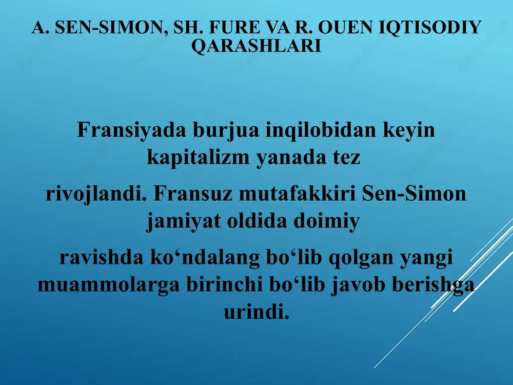 shi robert ouenning (1771-1858-yy.) hayoti va ijodiy faoliyati bilan bog‘liq. r. ouenning “jamiyatga yangicha qarash yoki xaraktemi shakllantirish haqida tajribalar”, “yangi axloqiy dunyo kitobi”, “adolatli almashuv bozori”, “ulug‘ milliy hunar ittifoqi” asarlarida uning sotsialistik loyihalari bayon etilgan. u kapitalistik jamiyatni tanqid qilib, uning xalqqa qarshi mohiyatini ochib beradi. barcha mulkni umum mulkiga aylantiradigan, qashshoqlik yo‘qoladigan, mehnat jafozulmatdan baxt-saodatga aylanadigan kommunistik jamoalar tuzish fikriga keldi. shu maqsadga xalaqit beradigan uchta to‘siq bor, deydi u. bu uchta illat: xususiy mulk, din va burjuacha nikohdir. biroq olim kapitalistik taraqqiyotning obyektiv qonunini tushunmadi, sinflar kurashini inkor etdi. yangi tuzum yangi yo‘l bilan yoki tinch yo‘l bilan quriladi va unga tinch yo‘l bilan o‘tiladi, deb ishondi. robert ouen (1771-1858 yy.) «jamiyatga yangicha qarash yoki xarakterni shakllantirish haqida tajribalar», «yangi ahloqiy dunyo kitobi», «adolatni almashuv bozori», «ulug‘ milliy hunar ittifoqi» asarlarida uning sosialistik loyihalari bayon etilgandir. u kapitalistik jamiyatni tanqid qilib, uning xalqqa qarshi mohiyatini ochib …