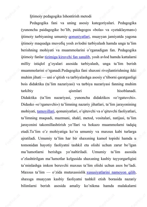 y o’rta ta’lim, o’rta maxsus, kasb-hunar ta’limi, oliy ta’lim, oliy o’quv yurtidan keyingi ta’lim, kadrlar malakasini oshirish va ularni qayta tayyorlash hamda maktabdan tashqari ta’lim kabi turlarga bo’linadi. tarbiya nazarivasi — pedagogikaning muhim tarkibiy qismlaridan biri bo’lib, tarbiya jarayoni mazmuni, shakl, metod, vosita va usullari, uni tashkil etish muammolarini o’rganadi.tarbiva muayyan, aniq maqsad hamda ijtimoiy-tarixiy tajriba asosida yosh avlodni har tomonlama o’stirish, uning ongi, xulq-atvori va dunyoqarashini tarkib toptirish jarayonidir. ijtimoiy tarbiya aqliy, axloqiy, jismoniy, mehnat, estetik, iqtisodiy, huquqiy, ekologik va jinsiy tarbiya kabi yo’nalishlarda tashkil etiladi.pedagogika fanining vazifalari. pedagogika fani shaxsni shakllantirishdek ijtimoiy buyurtmani bajarish asosida jamiyat taraqqiyotini ta’minlashga alohida hissa qo’shadi. bolaning maktabgacha ta'limga psixologik tayyorgarligi maktabgacha yoshdagi bolalik davridagi aqliy rivojlanishning eng muhim natijalaridan biridir. bolaning bolalar bog'chasi sharoitlariga moslashishi muammosi maktabgacha ta'lim muassasalari mavjudligining boshidanoq paydo bo'lgan va bizning davrimizda ham dolzarb bo'lib qolmoqda. muhim voqea maktabgacha ta'lim bo'yicha federal davlat ta'lim standartining qabul qilinishi bo'ldi. …