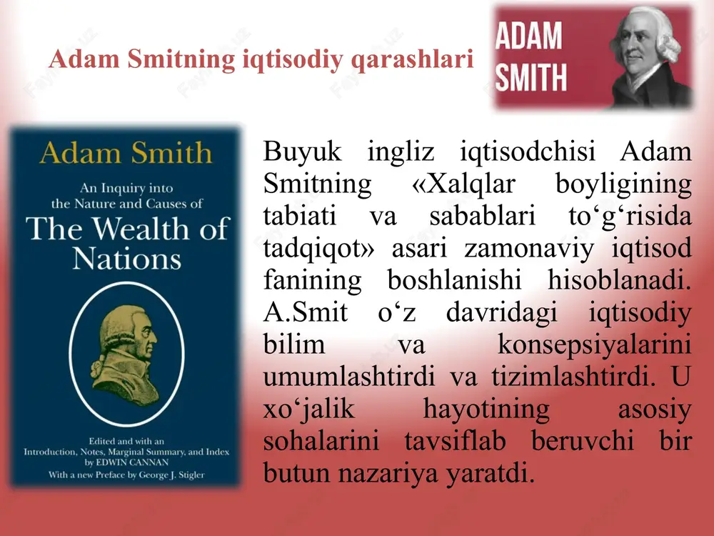 ng tabiati va sabablari xalqlar boyligi asarining ko’p qismlarida smit boylik savdoda yaratiladi, degan fikrlari uchun merkantalistlarga qarshi bo’lgan. uning fikricha, boylik qimmatbaho metallar miqdori bilan emas, balki tovar va xizmatlardan olinadigan yillik 126 foydadir. ushuningdek, eksport va import o'rtasidagi bog'liqlikni ham tushuntirib beradi a. smit xalqlar boyligi aholi jon boshiga to‘g‘ri keladigan daromad bilan ham o‘lchanadi, deb ta’kidlaydi. hozirda masalan, angliya xitoydan boyroq, deyilganda ulaming aholi jon boshiga to‘g‘ri keladigan daromad qiyoslanadi, umumiy ishlab chiqarilayotgan mahsulot va daromad emas. bu qarash hozirda ham o‘z kuchini yo‘qotmagan a. smit millat boyligi ish unumdorligi va unumdor ishlaydigan ishchilar mutanosibligiga bog'liq, deb hisoblagan ish unumdorligi. ishchi kuchining unumdor mehnati nima bilan belgilanadi? smit birinchi kitobida ish unumdorligi ish taqsimotiga bog‘liq, deb yozadi. mehnatning ixtisoslashtirilganligi mehnat unumdorligini oshirishning kafolati sifatida qaralgan. bu “xalqlar boyligi” dan ancha oldin aytib o‘tilgan bo‘lsada, lekin hech kim smitdek tushuntirib o‘tmagan a. smit asarining nazariy qismining asosiy g‘oyalarini …