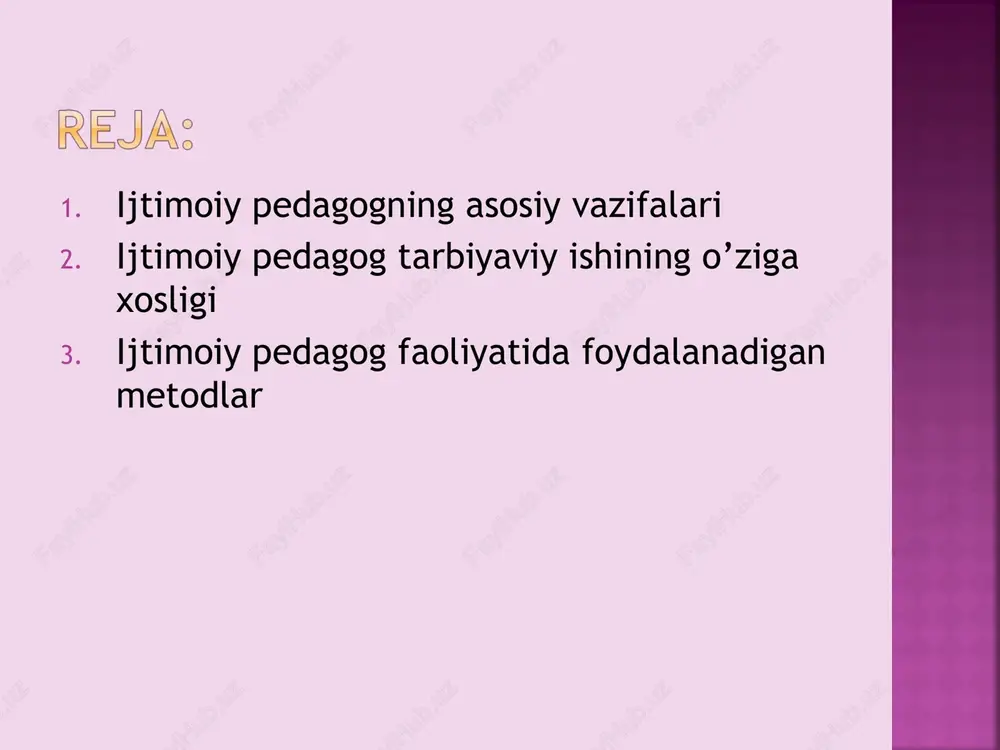 markazlarida; madaniy markazlarda, dam olish markazlarida, yoshlar klublarida; yozgi lagerlarda; mahallada, mahalladagi pedagog murabbiy bilan, xotin-qizlar qo’mitasi, uchastka inspektori bilan muomala o’rnatish. o’rta umumta’lim tizimida eng zamonaviy mutaxassisliklardan biri – bu ijtimoiy pedagoglik kasbidir. uning asosiy vazifasi – tarbiyaviy ishlarni hayotiy muhim oilaviy va ijtimoiy muammolarni o’zida his etayotgan yosh avlodni tarbiyalash bilan qo’shib olib borishdan iborat, qiyin bo’lgan turmush masalalarini yengillashtirish, so’z va amalda yordam berish, ijtimoiy pedagog amaliy faoliyatining axloqiy pozitsiyasi va yo’naltirilgani ana shulardan iborat. ijtimoiy pedagog tarbiyaviy ishlar metodlarini keng tizimidan foydalanishga o’z e’tiborlarini qaratishlari lozim. bu o’rinda ijtimoiy pedagoglarning bir qismi o’quvchilarni tarbiyalashning an’anaviy vositalari atrofida guruhlashga, shaxsiy suhbat, u yoki bu ijodiy faoliyat ko’rinishiga o’smirlarni jalb etishga, ayrim o’quvchilarga nisbatan sinf tarbiyaviy ishlarini topshirishga harakat qilishadi. lekin, ijtimoiy pedagog ishlarini o’ziga xosligi bir qator yangi faoliyat usullarini yuzaga chiqardi. mahalladagi jamoa tashkilotlari bilan hamkorlik; mas’ul diniy idoralar va mahalliy intellegensiya vakillari bilan birgalikdagi faoliyat; …