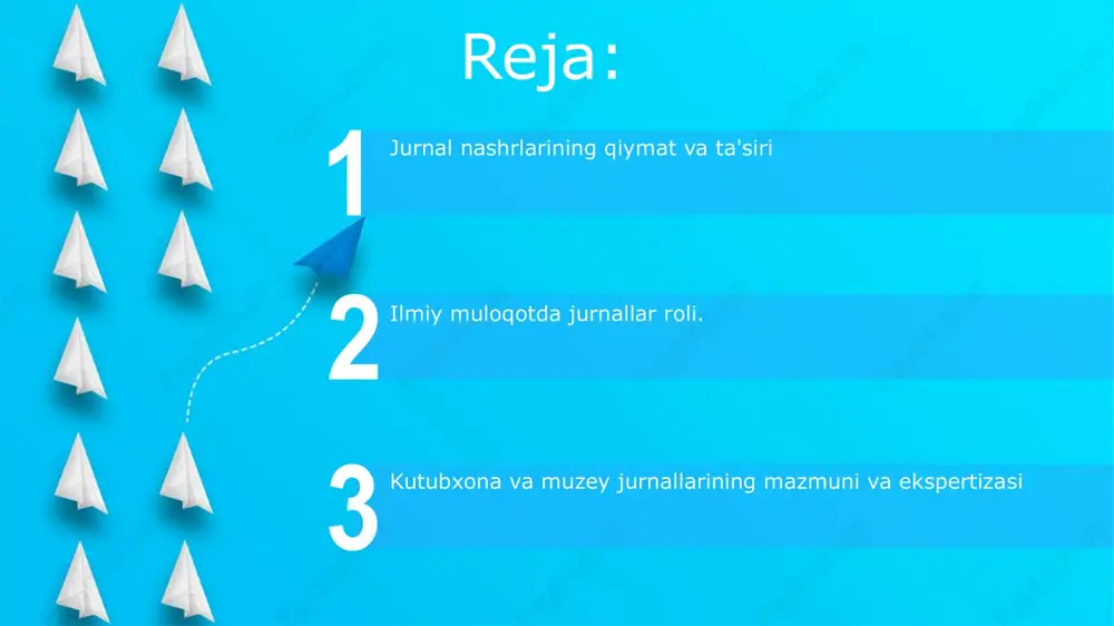 sislariga amaliy ko'rsatmalar va nazariy asoslarni taqdim etadi. ma'lumot jurnallari tegishli sohalardagi hozirgi tendentsiyalar va tadqiqotlar haqida ma'lumot beradi. kutubxona va muzey jurnallarining kelajagi jurnallar bu sohalarning rivojlanishiga hissa qo'shadi. ular mutaxassislarni bog'laydi va bilim almashuvini rivojlantiradi. kutubxona va muzey jurnallari muhim tadqiqot va tushunchalarni taqdim etadi. jamoatchilik ishtiroki va tushunishni kuchaytirish. ular bilim almashuvini osonlashtiradi va madaniy merosga jamoatchilik ishtirokini rag'batlantiradi. bu jurnallar sohada mavjud bo'lgan hozirgi tendentsiyalar va eng yaxshi amaliyotlar haqida tushuncha beradi. kutubxona va muzey jurnallari tadqiqotchilar va jamoatchilik uchun qimmatli ma'lumotlarni taqdim etadi. tadqiqot va innovatsiyalarni qo'llab-quvvatlash bu nashrlar turli sohalarda eng yangi kashfiyotlarni tarqatadi. ular tadqiqotchilar, olimlar va mutaxassislar uchun muhim resurslar bo'lib xizmat qiladi. kutubxona va muzey jurnallari qimmatli tadqiqot va innovatsion bilimlarni taqdim etadi. 06 05 04 03 02 tarixiy kontekst va nuqtai nazarning ta'minlanishi 01 02 ma'lumot: bu jurnallar tarixning nozik jihatlarini tushunish va tanqidiy fikrlashni rivojlantirish uchun juda muhimdir. ma'lumot: …