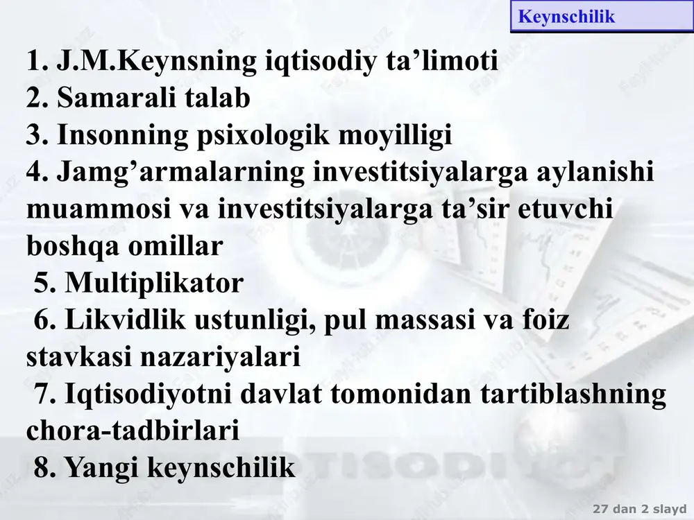 munosabatlari takomillashgan va o‘zini o‘zi tartiblab turuvchi tizim hisoblanmaydi; faqat davlatning iqtisodiyotga aralashuvi ish bilan bandlikni eng yuqori darajada oshirishi va iqtisodiy o‘sishni ta’minlashi mumkin; davlatning roli, eng avvalo, shundan iboratki, u krizis davrida yalpi talabni oshirishi va shu bilan ishlab chiqarishni va investitsiyani faollashtirishi, ishsizlikni esa kamaytirishi lozim. keynschilik 27 dan ‹#› slayd 12 mavzu. iqtisodiy o’sish yalpi taklif va yalpi talab kesishgan nuqta narx darajasining muvozanatlashganligini, milliy ishlab chiqarishning real hajmining muvozanatlashganini bildiradi, shuningdek, bandlik darajasini tavsiflab beradi. j.m.keyns uni samarali talab nuqtasi deb atadi. samarali talab bu – bandlik darajasini ifodalovchi yalpi to’lovga qodir talab. keynschilik 27 dan ‹#› slayd 12 mavzu. iqtisodiy o’sish samarali talab nazariyasining asosiy qoidalari: aholining ish bilan bandlik darajasi samarali talabga bog‘liq, u quyidagilarni o‘z ichiga oladi; a) iste’molga bo‘lgan talabni; b) investitsiyaga bo‘lgan talabni; xx asrning 30-yillari ko‘pchilik mamlakatlarda yalpi talabning (iste’-mol talabi ham, investitsiya talabi ham) samarali bo‘lmaganligi asoslab beriladi: …