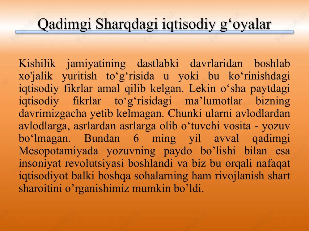 qilish, savdo, ijara va boshqa shartlarini qonuniy ravishda rasmiylashtirish) xususiy, huquqiy munosabatlami davlat tomonidan tartibga solinishi zaruriyati kuchaydi. davlat bu vazifalami qonunchilik yo‘li bilan hal qilishga uringan. bu borada iqtisodiy fikrlar nuqtayi nazaridan eshnun podshohi qonunlari (m.av. xx asr.) va xammurapi qonunlari (m.av. xviii asr.) ancha diqqatga sazovordir. eshnun podshohi qonunlari eshnun qonunlari matni asosiy mahsulotlarga qat’iy baho o‘rnatishdan boshlanadi: “1 gur arpa (“1 gur=300 litr) 1 sikl (8,4g) kumushga tenglashtirilgan birinchi paragrafda arpa, yog‘, teri, tuz, mis va boshqalaming kumushdagi narxi o‘rnatilgan (mahsulotlar shunday miqdorda olinishi kerakki, ularning qiymati 1 siklga teng bo‘lsin); ikkinchi paragrafda har xil turdagi yog‘ning arpadagi narxi ko‘rsatilgan. demak, asosiy umumekvivalent sifatida arpa bo‘lgan shu narsani qayd qilib o‘tish kerakki, qadimgi misrda hatto keyingi davrlarda (x—viii asr m.av.) sudxo‘rlik foiz me’yori tez-tez 100 % gacha ko‘tarilib turgan. eski bobildagi uncha ko‘p bo‘lmagan foiz me’yori davlatning nafaqat mamlakat xo‘jaligi hayotiga aralashuvidan dalolat beradi, balki tovar-pul munosabatlarining …