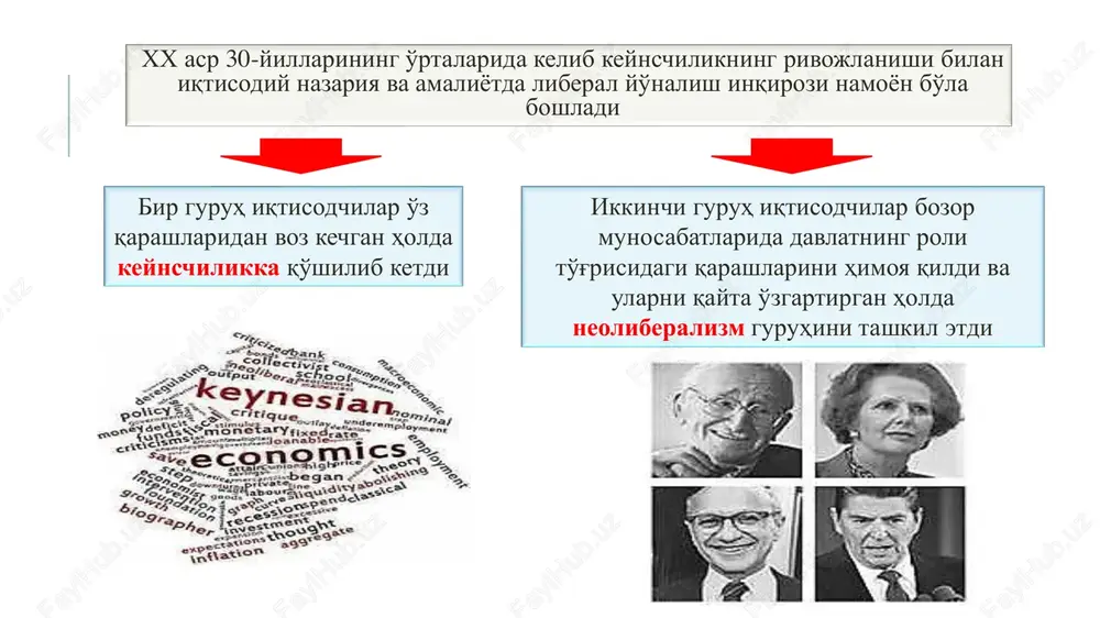 tni erkinlashtirish zarurligi bahoning erkin shakllanishi iqtisodiyotda xususiy mulk va nodavlat xo'jalik tuzilmalarining etakchilik roli neoliberalizm ta'limotiga xos xususiyatlar raqobat muhitini shakllantirish va unga amal qilishni nazorat qilish bo'yicha davlatning iqtisodiyotga aralashuvi iqtisodiyotning samaradorligini ta'minlashda iqtisodiy sub'ektlarning erkin faoliyatini qo'llab-quvvatlash iqtisodiyotda monopoliyaga qarshi kurashish keynschilik va davlatning xo'jalik hayotiga faol aralashuv tamoyilini inkor etish neoliberalizmning asosiy belgilari: chikago (milton fridmen,1912-2006); neoavstriya (london) - (fridrix fon xayek, 1899- 1992, lyudvig fon mizes, 1881-1973); frayburg (valter oyken, 1891-1950; lyudvig erxard, 1897-1977). m.fridmen f. xayek v.oyken l. erxard l.mizes “neoliberallar” nomi bilan ataluvchi maktablar neoliberalizm: frayburg maktabi o'sha yili v.oykenning muharrirligi ostida xo'jalik va ijtimoiy tuzum to'g'risidagi neoliberallarning yillik jurnalining birinchi soni “ordo” nomi bilan chop etildi. v.oyken ishlatgan “ordo” so'zi “tabiiy tuzum ... erkin bozor xo'jaligi” tushunchasini bildiradi. «erkin bozor» va «ijtimoiy tenglashtirish» asosida adolatli taqsimlash tamoyillarini uyg'unlashtirish g'oyasi g'arbiy germaniya neoliberalizm vakillariga tegishli. ikkinchi jahon urushidan keyin neoliberalizm g'oyalari g'arbiy germaniya …