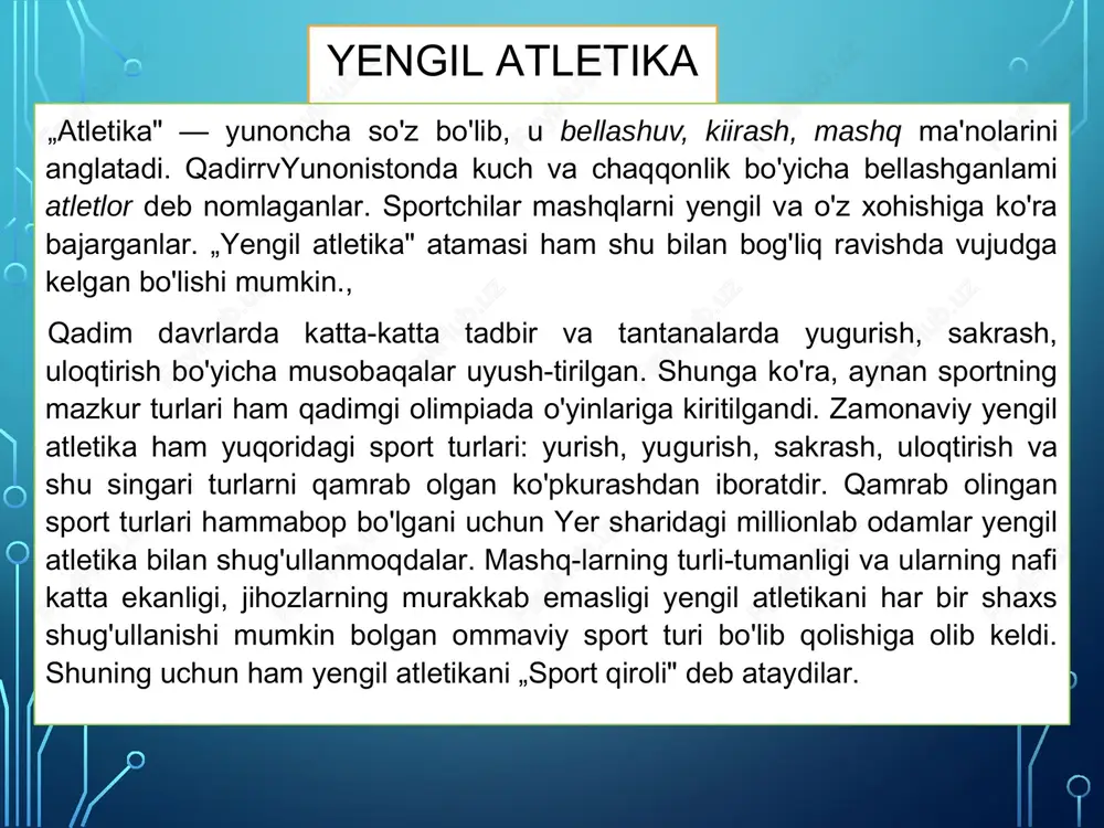 port kiyimining qalinrog'i kiyiladi. oyoqqa keta, krassovka, shippaklar kiyiladi, sta-dionda yengil atietika bo'yicha yugurish yoki sakrash mu-sobaqalari o'tkazilganda, unda qatnashuvchilar tishli ship­paklar kiyib olishlari mumkin. u yaqin masofaga yugurishda ko'rsatkichlarni oshirishga (2 — 3 s ga); uzunlikka sakrashda esa (20 — 30 sm) uzoqroqqa sakrashga yordam beradi yengil atietika bilan shug'ullanish chog'ida qator qoidalarga rioya qilish zarur bo'ladi, bu kutilgan yaxshi natijalarga erishishga olib keladi. qoidaga ko'ra, avval 3 — 5 daqiqa asta yuguriladi, 6 — 8 marta umumiy mashqlar bajariladi, 30 — 50 m ga tezlik bilan 2 — 3 qayta yuguriladi. bu harakatni aniq bajarish ko'nikmasini hosil qilishga yordam beradi. endigi navbatda mashg'ulot o'tkazishga tayyorgarlik ko'riladi. buning uchun mashg'ulot o'tkaziladigan joy yaxshilab tayyorlanadi, uzunlikka sakrash chuqurchasi yumshatiladi, yugurish yo'lagi ortiqcha narsalardan toza-lanadi, uloqtirish uchun xavfsiz joy tanlanadi. uloqtirish bilan mustaqil shug'ullanish chog'ida to'p oyna, daraxt, odamlarga tegib ketmaydigan yo'nalish tanlanishiga alohida e'tibor qaratiladi. uzunlikka yoki balandlikka sakrash joyi …
