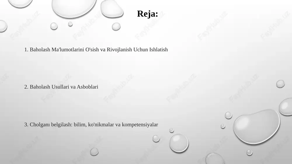 baholashda manfaatdor tomonlarning roli baholash usullari manfaatdor tomonlarning ehtiyojlari va ustuvor yo'nalishlariga mos kelishi kerak. manfaatdor tomonlardan kelgan fikr-mulohazalar o'qituvchilarni rivojlantirish va qo'llab-quvvatlashni yaxshilaydi. manfaatdor tomonlar o'qituvchilar samaradorligi haqida qimmatli fikrlar beradi. o'qituvchi bilimlarini, ko'nikmalarini va kompetensiyalarini aniqlash. o'qituvchilarning bilimlarini, ko'nikmalarini va kompetensiyalarini aniqlash: bu samarali o'qitish uchun zarur bo'lgan aniq bilimlar, qobiliyatlar va xususiyatlarni aniqlashni o'z ichiga oladi. ma'lumot: bu standartlashtirilgan testlar, darslik kuzatuvlari, talaba fikrlari va o'zini o'zi aks ettirish kabi turli xil baholashni o'z ichiga olishi mumkin. o'qituvchilarning bilimlarini, ko'nikmalarini va kompetentsiyalarini baholash: bu o'qituvchilarning ushbu sohalarda malakasini baholash uchun ishlatiladigan usullar va vositalarni anglatadi. ma'lumot to'plash va tahlil qilish tahlil texnikalari: tasviriy statistika, korrelyatsion tahlil, sifatli kodlash. baholash vositalari: standartlashtirilgan testlar, ishlash baholari, tengdoshlar tomonidan baholash. ma'lumot to'plash usullari: so'rovnomalar, kuzatish, suhbatlar. baholash natijalarini yaxshilanish uchun ishlatish. o'quv amaliyotlari va darslik ishlab chiqishni xabardor qilish. o'qituvchilarning professional rivojlanishi uchun sohalarni aniqlash. o'qituvchi samaradorligini baholash va rivojlantirish. …