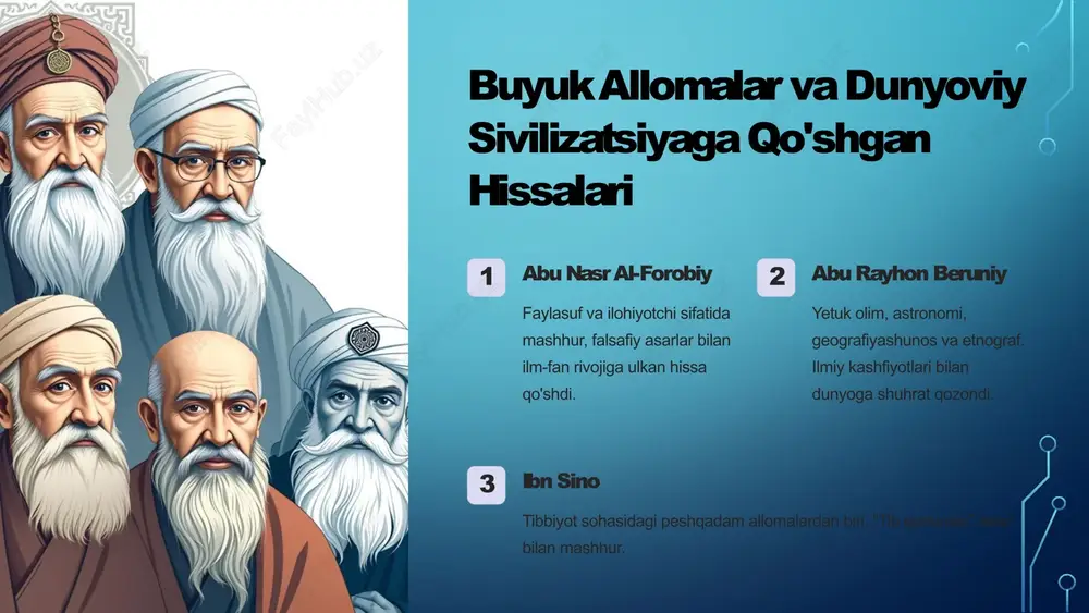 ta osiyo olimlarining yutuqlari renesans davri boshlanishiga zamin yaratdi. butun dunyoga shuhrat tarqatish o'rta osiyo allomalarining nodir asarlari jahon madaniyati taraqqiyotiga katta hissa qo'shdi. 6 buyuk allomalar - o'rta osiyo renesansining yulduzlari abu nasr al-forobiy ilm-fan va falsafa sohasidagi nodir yutuqlari bilan ajralib turadi. abu rayhon beruniy astronomi, geografiya va etnografiya sohasidagi kashfiyotlari bilan mashhur. ibn sino tibbiyot sohasidagi yutuqlari, jumladan, "tib qonunlari" asari bilan tanilgan. 7 samarqand, buxoro va xiva - madaniy markazlar samarqand ulug'bek rasadxonasi va yulduzlar katalogi bilan mashhur buxoro islom madaniyati va ilm-fanning yirik markazi sifatida tanilgan xiva me'moriy yodgorliklar va imoratlar bilan ajralib turadi 8 sharqiy renesans - o'rta osiyo madaniyatining yuksalishi ilmiy yutuqlar 9-12-asrlarda o'rta osiyo hududida yuksak ilmiy yutuqlarga erishildi. 9 g'arbiy dunyoga ta'sir o'rta osiyo allomalarining asarlari g'arbiy dunyoning madaniy taraqqiyotiga ulkan ta'sir ko'rsatdi. yangi davr boshlanishi renesans davri boshlanishida o'rta osiyo ilm-fan va madaniyatining roli beqiyos bo'ldi. xulosa va tavsiyalar o'rta …