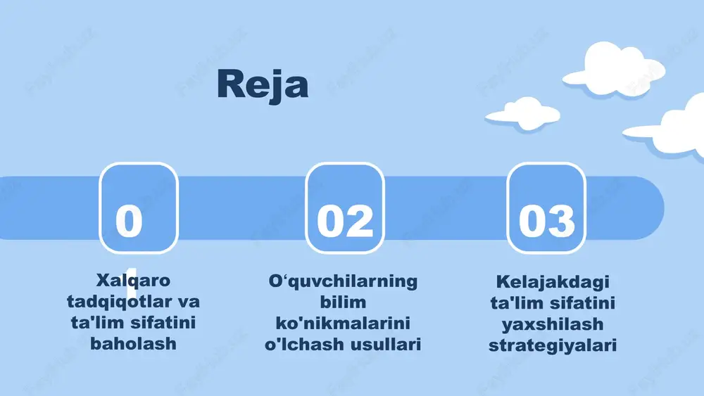 hga yordam beradi. ta'lim sifatini baholashda xalqaro tadqiqotlar natijalari xalqaro tadqiqotlar, masalan, pisa (talimni baholash dasturi) va timss (matematika va fan o'qitish bo'yicha xalqaro tadqiqot), ta'lim sifatini baholashda muhim rol o'ynaydi. bu tadqiqotlar o'quvchilarning bilim va ko'nikmalarini baholash orqali ta'lim tizimlarining samaradorligini aniqlashga yordam beradi. o'zbekistonda ham ushbu tadqiqotlardan olingan natijalar ta'lim sifatini oshirishda asosiy manba bo'lib xizmat qilmoqda. o'zbekistonda ta'lim tizimining kelajak istiqbollari o'zbekistonda ta'lim tizimida bir qator o'zgarishlar kutilmoqda. o'qituvchilar uchun yangi yondashuvlar va metodologiyalar joriy etilib, ta'lim jarayonini yanada interaktiv va samarali qilish maqsad qilinmoqda. innovatsion metodlar, masalan, faol o'qitish, muammoli o'qitish va individual yondashuvlar, o'quvchilarning bilim va ko'nikmalarini rivojlantirishda samarali bo'ladi. oʻquvchilarning bilim ko'nikmalarini o'lchash usullari oʻquvchilarning bilim ko'nikmalarini o'lchash usullari ta'lim sifatini baholashda muhim ahamiyatga ega. ushbu usullar ta'lim jarayonida o'quvchilarning o'zlashtirish darajasini aniqlash, shuningdek, o'qitish usullarini takomillashtirish uchun zarurdir. o'lchash usullari ikkita asosiy turga bo'linadi: formal va norasmi o'lchovlar. formal o'lchovlar standartlashtirilgan testlar va …