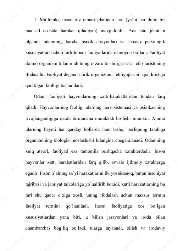 , ongli suratda tug`ilgan extiejlar inson xatti-harakatini asosiy motivlaridir. motiv bu birinchidan insonni faoliyatga undaydi, ikkinchidan o`ziga xos jihatlarni namayon etadi va maqsadga erishish uchun zarur yo`l va usullarni tanlashga yordam beradi. motivlarga ehtiyojlar, qiziqishlar, emotsiya va hislar, e`tiqod va ideallar, ustanovka va odatlar kirishi mumkin. faoliyat tizimini quyidagi sxemada aks ettirish mumkin. kishining o`z ehtiyojlarini qondirish jarayoni ijtimoiy taraqqiyot bilan belgilanadigan faoliyat shaklini egallashning faol muayyan maqsadga yo`naltirgan jaraeni sifatida alohida ajralib turadi. extiejlar kelib chikishiga va predmetiga ko`ra farqlanadi: 1. tabiiy extiejlar - bu insonning o`zini va avlodini xaetini saqlab qolishga qaratilgan faolligida namoen bo`ladi. bularga oziklanish, uyquga extiej, nasl qoldirishga bo`lgan ehtiyoj. 2. madaniy ehtiyoj - odamning insoniyat madaniyati maxsuliga bog`liq bo`lgan faolligida namoen buladi. ularning bog`lanishi insoniyat tarixining boshlanishiga borib taqaladi. madaniy ehtiej ob`ektiv bo`lib, tabiiy ehtiyojlarni qondirishga xizmat qiladigan predmetlar, vositalar kiradi. predmetga ko`ra moddiy va ma`naviy ehtiejlar bo`ladi. 1. moddiy ehtiyojlar - kishining moddiy …