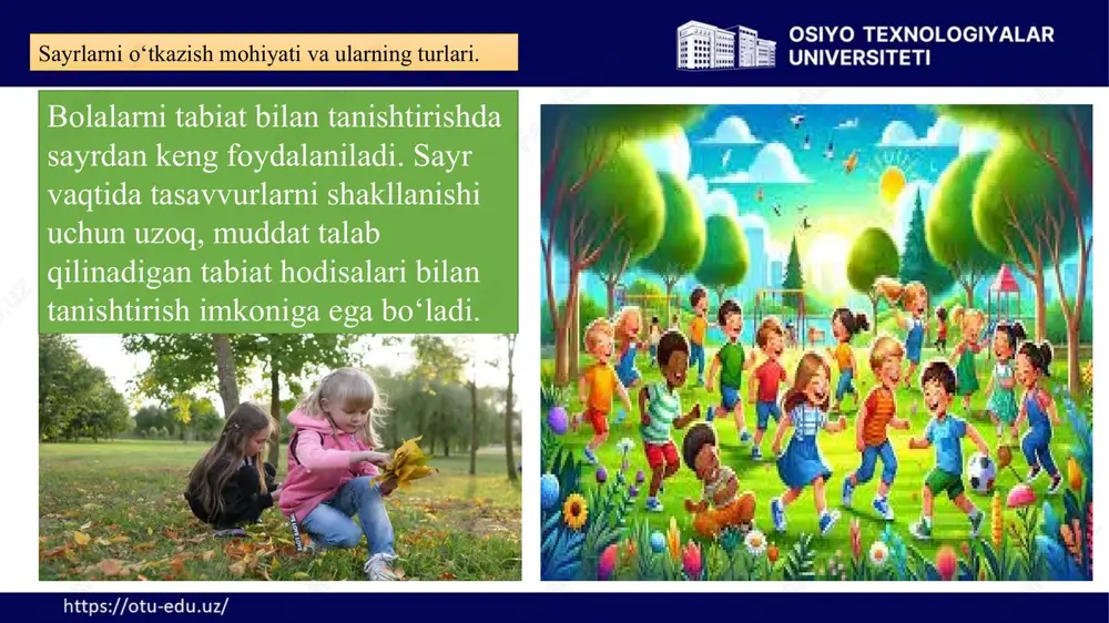 miyati bu bolalarga mashg‘ulotlarda berilishi yoki aniqlanishi hamda umumlashtirilishi lozim bo‘lgan bilim hajmi, bilish jarayonlarini rivojlantiruvchi, nutqini o’stiruvchi, qiziqishlarini o‘stiruvchi, qobiliyatlarini rivojlantiruvchi bo‘lmogi lozim. turli yosh guruhlarda tabiat bilan tanishtirish mashg‘ulotlarini kuzatish metodi. mashg‘ulotlar barcha yosh guruhlarda kichik va o’rta guruhda, oyda ikki marta katta, tayyorlov guruhlarida haftada bir marta o‘tkaziladi. turli yosh guruhlarda tabiat bilan tanishtirish mashg‘ulotlarini kuzatish metodi. kichik yoshdagi bolalarning mashg‘ulotlarida kuzatish o’yin uslubidan foydalanib amalga oshiriladi. og’zaki uslubdan asosan maktabgacha katta yoshdagi bolalar bilan bo’ladigan mashg’ulotlarda foydalaniladi. turli yosh guruhlarda tabiat bilan tanishtirish mashg‘ulotlarini kuzatish metodi. ilk va maktabgacha yoshdagi bolalar rivojlanishiga qo’yiladigan davlat talablari o’zbekiston respublikasi vazirlar mahkamasining 2020- yil 22-dekabrda “maktabgacha ta’lim va tarbiyaning davlat standartini tasdiqlash to’g’risida”gi 802- sonli qarori bilan tasdiqlandi. o’zbekiston respublikasining ilk va maktabgacha yoshdagi bolalar rivojlanishiga qo’yiladigan talablari ilk va maktabgacha yoshdagi bolalarni har tomonlama rivojlantirish, ta’lim-tarbiya berish, maktab ta’limiga tayyorlash bo’yicha davlat talablarini belgilaydi . maktabgacha yoshdagi bolalarni …