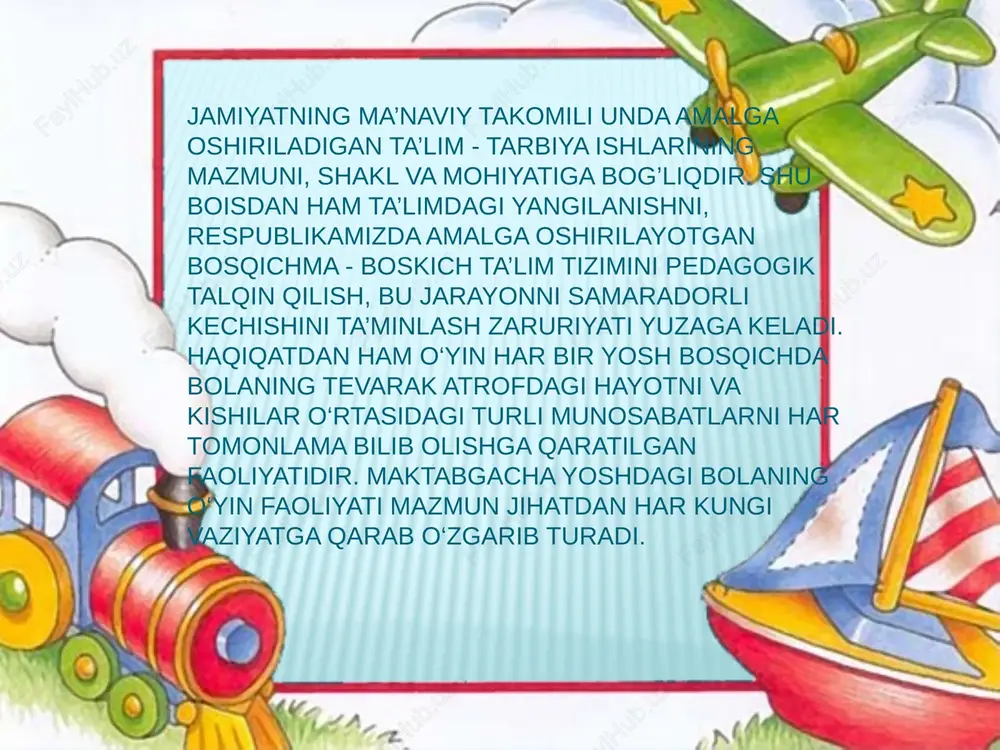 o`lganida bolaning intilishi, qo`l cho`zishi, sustlashgan, cho`zilishi, itiyorsiz qarakati mutlaqo so`ngan. olimaning fikricha 3- oydan 6 oylikkacha bolada katta yoshdagi odamlar bilan tanlab munosabatda bo`lishi vujudga keladi. uch oylik go`dak begonalar orasidagi tuqqan onasini ajrata olsa, yarim yoshdan boshlab esa begonalar ichidagi qarindoshlarini qam farqlay boshlaydi. m.yu.kistayakovskaya ma'lumotiga ko`ra, 5-6 oylikda u muomala qilayotgan notanish shaxsga bir oz tikiladi, keyin yo kulimsiraydi yoki undan yuzini o`giradi, xatto, qo`rqib yiqlab yuboradi. bolada o`zini parvarish qilayotgan yaqin kishilariga boqlanib qolishi sodir bo`ladi. ana shu sababli onasini yoki enagasini ko`rsa qiyqirib qarshilaydi, unga talpinadi, qo`l-oyoqini ixtiyorsiz tipirchilatadi. u yarim yoshga to`lganda atrofdagi yaqin kishilari, qarindosh-uruqlariga, xatto qo`ni -qo`shnilarga qam boqlanib (o`rganib) ko`nikib qoladi. d.b.elkonin o’z tadqiqotida rolli o’yinning syujeti bilan bir qatorda ,uning mazmuni ham mavjud ekanini yozadi .uning fikricha o’yinda bola kattalar faoliyatining asosiy jihatini aniqroq aks ettirishi o’yinni mazmunini a.p.usovaning tatqiqotlarida ta’kitlanishicha , rolli o’yin ishtirokchilarni safi yosh ulg’ayishiga qarab jinsiy …