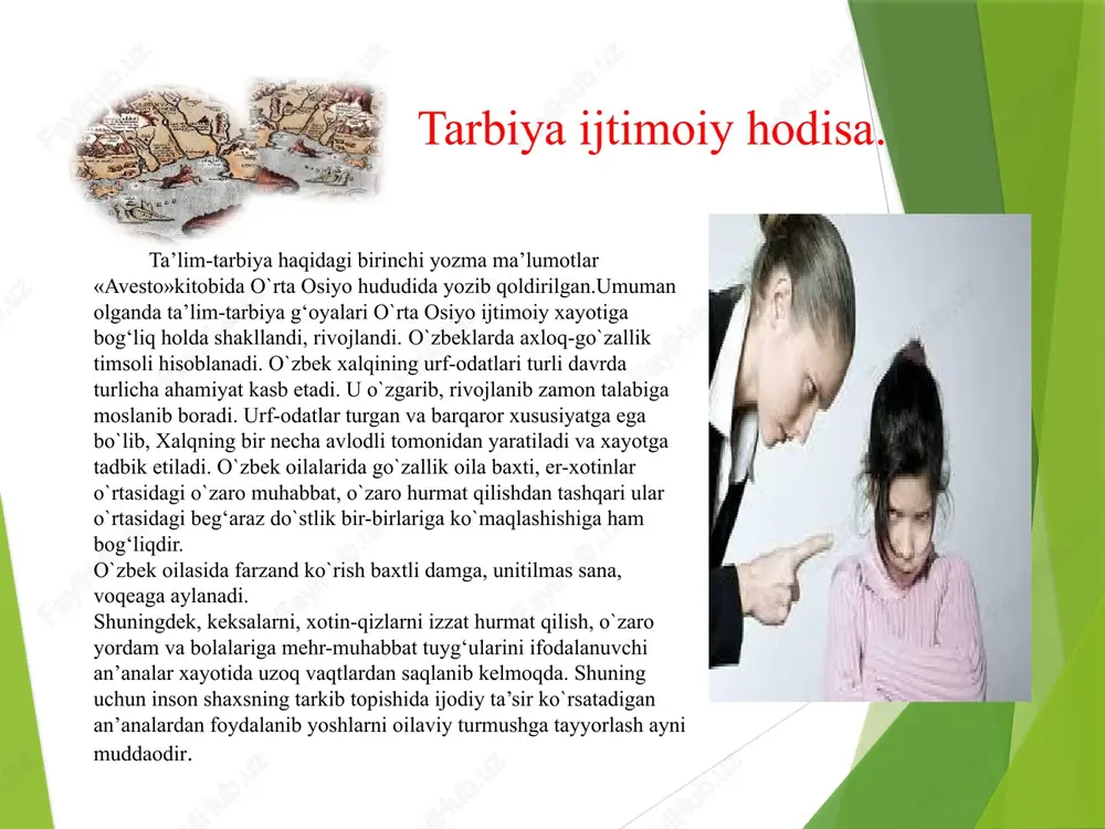 amimiy salomlashishi milliy urf-odatning ibratli ko`rinishlaridan hisoblanadi. tarbiya ijtimoiy hodisa. o`zbek xalqining bola tarbiyasi mohiyati, mazmuni, usullari, tarbiyaning kundalik va istiqbol rejasi, farzandlarga tartib o`tkazish vazifasini tanlash va unda unumli foydalanish tajribasi o`ziga xos xususiyaga egadir. bu xususiyat xalqning ma’naviy boyligi sifatida to`plangan, an’analari zamiridan kelib chiqqan. milliy maktab vazifalaridan biri ajdodlarimiz merosi milliy ana’nalarini o`rganib ulardan ta’lim-tarbiya jarayonida bolalarni tarbiyalashda unumli foydalanishdir. «an’ana» /arabcha/-/o`zbek/ uzoq zamonlardan beri avloddan-avlodga, otalardan bolalarga o`tib davom etib kelgan urf-odatlar, axloq normalari, qarashlar va x.k. dir. a’ananalar-ijtimoiy va ma’naviy merosimdir. tarbiya jarayonini rag`batlantiruvchi kuchlari. xozirgi kunda ayniqsa vatanparvarlik, millatlararo do`stlik, ekologik, iqtisodiy, xususiy, madaniyat, ta’lim-tarbiya soxasidagi an’analarni qo`llash o`zbek xalqining urf-odatlar, turmush-tarzi, oilaviy marosimlarini milliy maktab, oilaviy tarbiyada qo`llash komil insonni shakllantirish vositalaridan biridir. “barg ildizdan quvvat oladi “deganlaridek xozirgi va kelajak avlod kishilarining ularni chuqur bilimi, ma’naviyatimizning mag‘zi yetukligi omilidir. kaykovusning «qobusnomasi»dan tortib al xorazmiy, forobiy,beruniy, ibn sino asarlarida, y.x.xojibning «qutadg‘u bilik», ahmad …