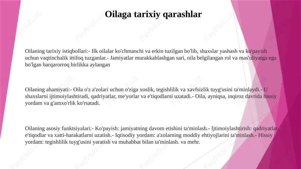 odlari va xatti-harakatlarini shakllantirishda hal qiluvchi rol o'ynaydi. ular bolalar o'z jamiyatining me'yorlari va umidlarini o'rganadigan tarbiyaviy muhitni ta'minlaydi. ijtimoiylashtirish va hissiy qo'llab-quvvatlash ijtimoiylashuv: ijtimoiylashuv - bu shaxslar o'z jamiyatining qadriyatlari, e'tiqodlari va xatti-harakatlariga ega bo'lish jarayonini anglatadi. ijtimoiylashuv orqali biz boshqalar bilan qanday munosabatda bo'lishni o'rganamiz, o'zligimizni rivojlantiramiz va jamiyatning faol a'zosi bo'lamiz. hissiy qo'llab-quvvatlash: hissiy qo'llab-quvvatlash stress yoki inqiroz paytida qulaylik, dalda va tasdiqlashni anglatadi. oila va do'stlar kabi yaqin shaxsiy munosabatlar ko'pincha hissiy yordamning muhim manbalari hisoblanadi. oilaning asosiy vazifasi: oilalar ham ijtimoiylashuvda, ham hissiy qo'llab-quvvatlashda hal qiluvchi rol o'ynaydi. ular odamlar o'zlarining ijtimoiy ko'nikmalarini rivojlantirishlari, axloqiy qadriyatlarni o'rganishlari va muhtojlik paytlarida tasalli izlashlari mumkin bo'lgan xavfsiz va tarbiyali muhitni ta'minlaydi. iqtisodiy yordam nafta: yonuvchan, qora yoki to'q jigarrang suyuq qazilma yoqilg'i, u yer qobig'ida chuqur to'planadi. iqtisodiy yordam: tashqi davlatlar, xalqaro tashkilotlar yoki korxonalar tomonidan bir mamlakatga moliyaviy yoki moddiy yordamning berilmesi. assotsiatsiya funktsiyalari: tizim yoki …