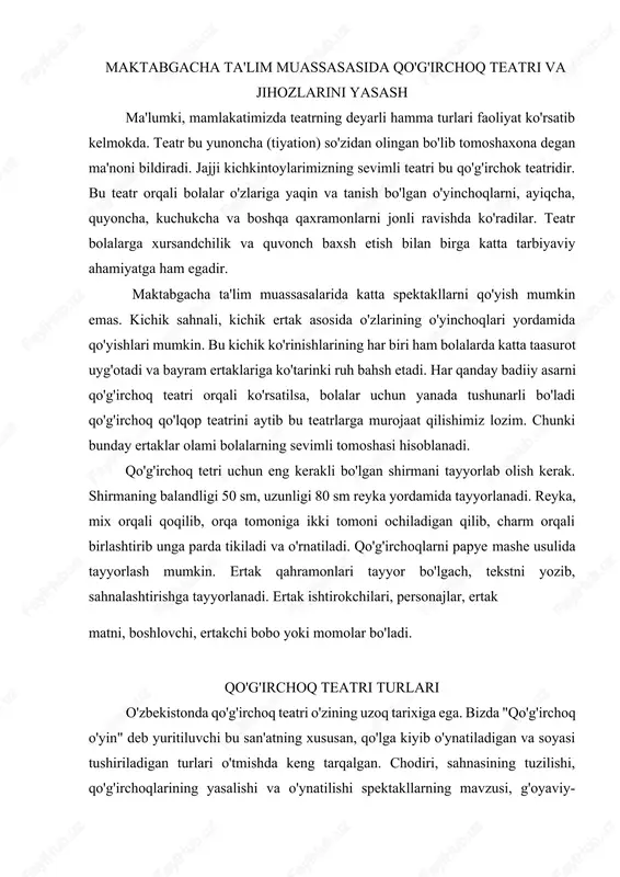 parda tikiladi va o'rnatiladi. qo'g'irchoqlarni papye mashe usulida tayyorlash mumkin. ertak qahramonlari tayyor bo'lgach, tekstni yozib, sahnalashtirishga tayyorlanadi. ertak ishtirokchilari, personajlar, ertak matni, boshlovchi, ertakchi bobo yoki momolar bo'ladi. qo'g'irchoq teatri turlari o'zbekistonda qo'g'irchoq teatri o'zining uzoq tarixiga ega. bizda "qo'g'irchoq o'yin" deb yuritiluvchi bu san'atning xususan, qo'lga kiyib o'ynatiladigan va soyasi tushiriladigan turlari o'tmishda keng tarqalgan. chodiri, sahnasining tuzilishi, qo'g'irchoqlarining yasalishi va o'ynatilishi spektakllarning mavzusi, g'oyaviy-badiiy xususiyatlariga ko'ra ushbu teatr turlar bir-biridan xiyla farq qilsa-da, uch jihati ularni yaqinlashtirib turgan. har bir teatr tomoshalarda musiqa muhim rol o'ynagan. bu bir. ikkinchidan, ularda korfarmon nomidagi usta va tajribali qo'g'irchoqboz, ya'ni guruh boshlig'i tomoshabinlarga ko'ringan holda qo'g'irchoq qahramonlar bilan savol-javob qilib, gapini izohlab, shu yo'l bilan tomoshani boshqargan. uchinchidan, osti, usti yoki ortidagi qo'g'irchoqboz tiliga sail degan moslama tuflagich qo'yib, qo'g'irchoqlarga mos chiyildoq o'tkir tovush hosil qilgan. "chodir jamol" da ijtimoiy va maishiy hayot bilan bog'liq bo'lgan voqyealar satira va yumor …