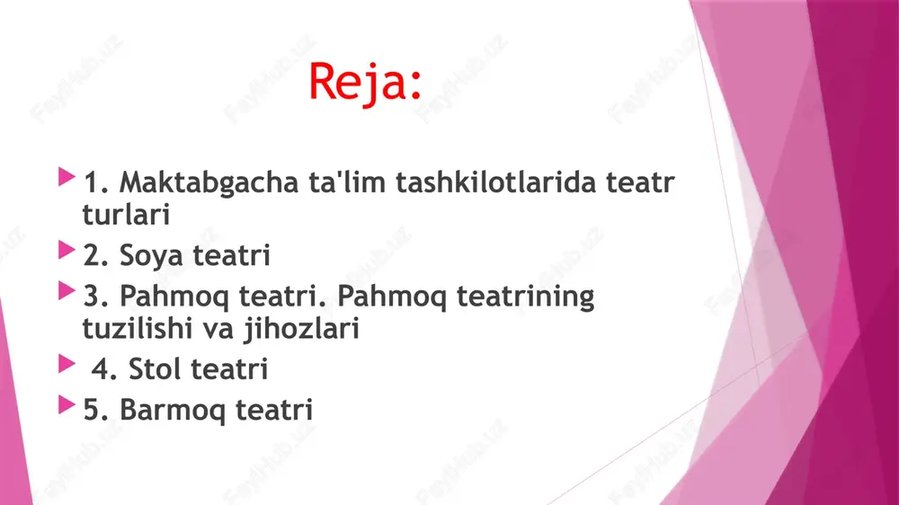 4.paxmoq teatri; 5.qo`g‘irchoq qo`lqop teatri. soya teatri soya teatri – qo`g‘irchoq teatrining o`ziga hos turlaridan hisoblanadi. unda qo`g‘irchoqlar emas balki shakllardan iborat o`yinchoqlar o`ynaydi. tomosha qiluvchilar saxna ro`parasida o`tirib, ekranda yorug‘lik orqali harakatlanaotgan soyalar: odamlar, hayvonlar va qushlar soyasini ko`rishi mumkin qo`lqop qo`g‘irchoqlar qo`lqop qo`g‘irchoqlar (barmoqsiz qo`lqop). eski qo`lqopcha, qo`lqop qo`g‘irchoqlarni yasash uchun asho bo`la oladi. bunday o`yinchoqlarni ham bolalarning o`zlari yasashlari mumkin. qo`lqop qo`g‘irchoqning bosh qismi, katta barmoq esa, burun bo`lib xizmat qiladi. qo`lqopni to`liq xayvonga aylantirib olish ham mumkin, bunda katta barmoq dum vazifasini o`taydi. qo`lqop qo`g‘irchoq tanasi bo`lishi, unga bosh va boshqa detallarni biriktirish ham mumkin. qo`lqop topilmasa‚ unda to`qilgan eski buyum yoki matodan foydalanamiz. bunda bichishda barmoq o`rnini bichish shart emas, turli detallar unga tikib qo`yiladi. qo`lqop qo`g‘irchoqlar qo`lqop qo`g‘irchoqlar (barmoqli qo`lqop). qahramonlarni eski qo`lqoplardan tayyorlasa bo`ladi. agar eski qo`lqop topilmasa, uni tiqish mumkin. bolalarga tavsiya etiladigan qo`lqopning andozasi (besh barmoqlimas, to`rt barmoqli) bo`lishi mumkin. detallarni …