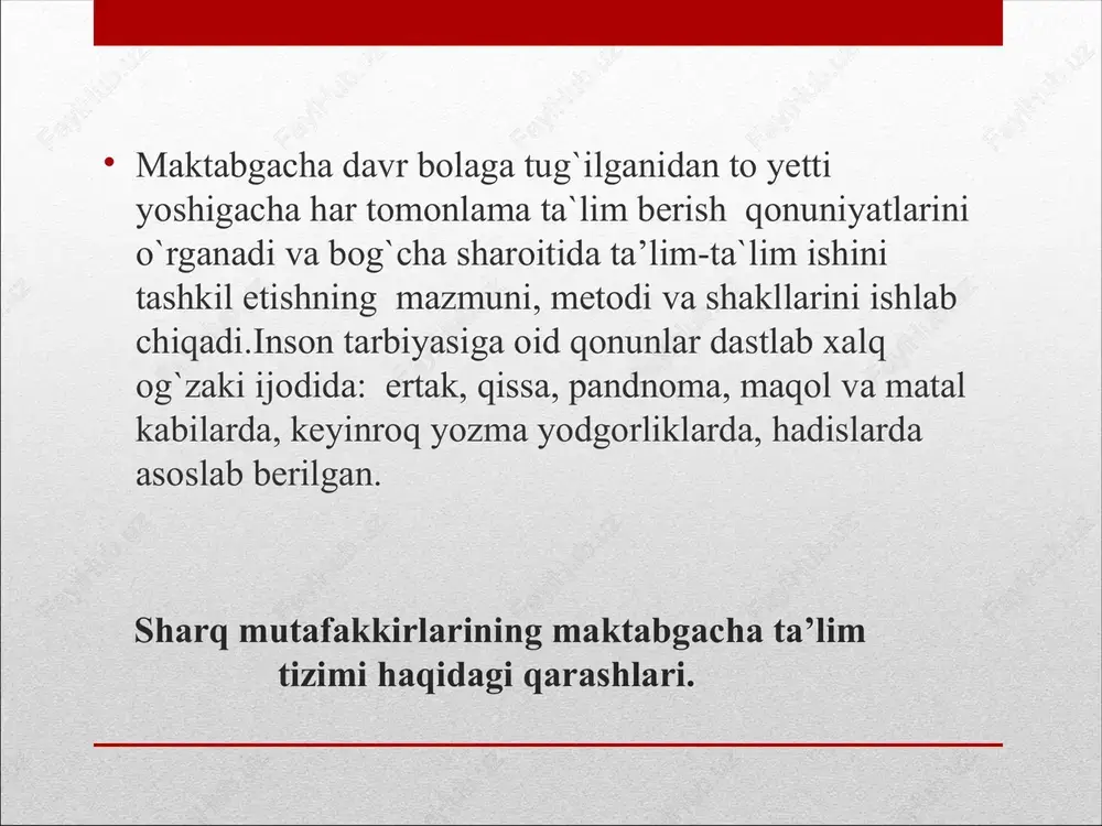 , ikkinchisi- tajriba, amaliyot, sharoit ta'sirida tarkib topadigan xislatlardir. abu nasr farobiy sharq mutafakkirlaridan biri farobiyning ta'kidlashicha har bir kishining fe'l atvoriga qarab ta'lim — tarbiya ikki xil usul: ixtiyoriy va majburiy usullarda amalga oshirilishi mumkin. abu ali ibn sino(980-1037)ning fikricha ta'lim-tarbiya yagona jarayon. ibn sino o’zining “tib qonunlari” asarida bolani olti yoshidan boshlab muallimga topshirish xususida fikr yo’ritadi. ulug’ hakim ta'lim jarayonida o’qitishda oddiydan murakkabga qarab borish qoidasiga amal qilish lozimligini uqtiradi, ayniqsa bolaga kuchi yetadigan mashqlarni bajartirish amali bu jarayonda katta ahamiyat kasb etadi. ibn sino bolalarni yakka- yakka o’qitishdan ko’ra jamoada ta'lim berish afzal ekanligini e'tirof etadi. mahmud qoshg`ariy fikricha, bola asta-sekin hunar o’rganib hayotdan ta'lim olib, bilimdon bo’ladi, chinakam insoniy go`zallikka erishadi. buyuk mutafakkir mahmud qoshg`ariy “qutadg`u bilik” asarida bola tarbiyasi haqida to’xtalib, shunday deb yozadi: “farzand qanchalik bilimli, aqlli, xushli bo’lsa, ota-onaning yo’zi shunchalik yorug` bo’ladi”. u bola tarbiyasida otaning ma'suliyatiga asosiy e'tibor beradi. “kimning …